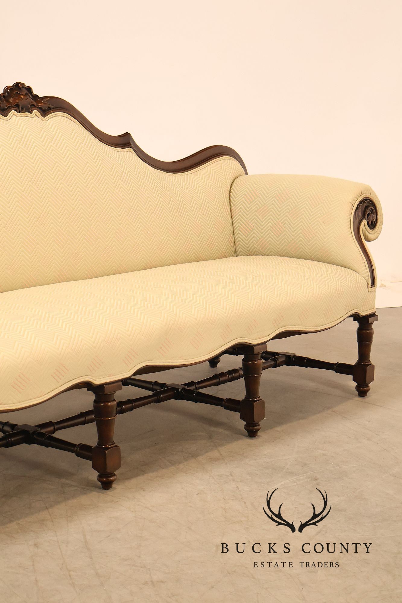Antique Italian Rococo Carved Walnut Frame Long Sofa