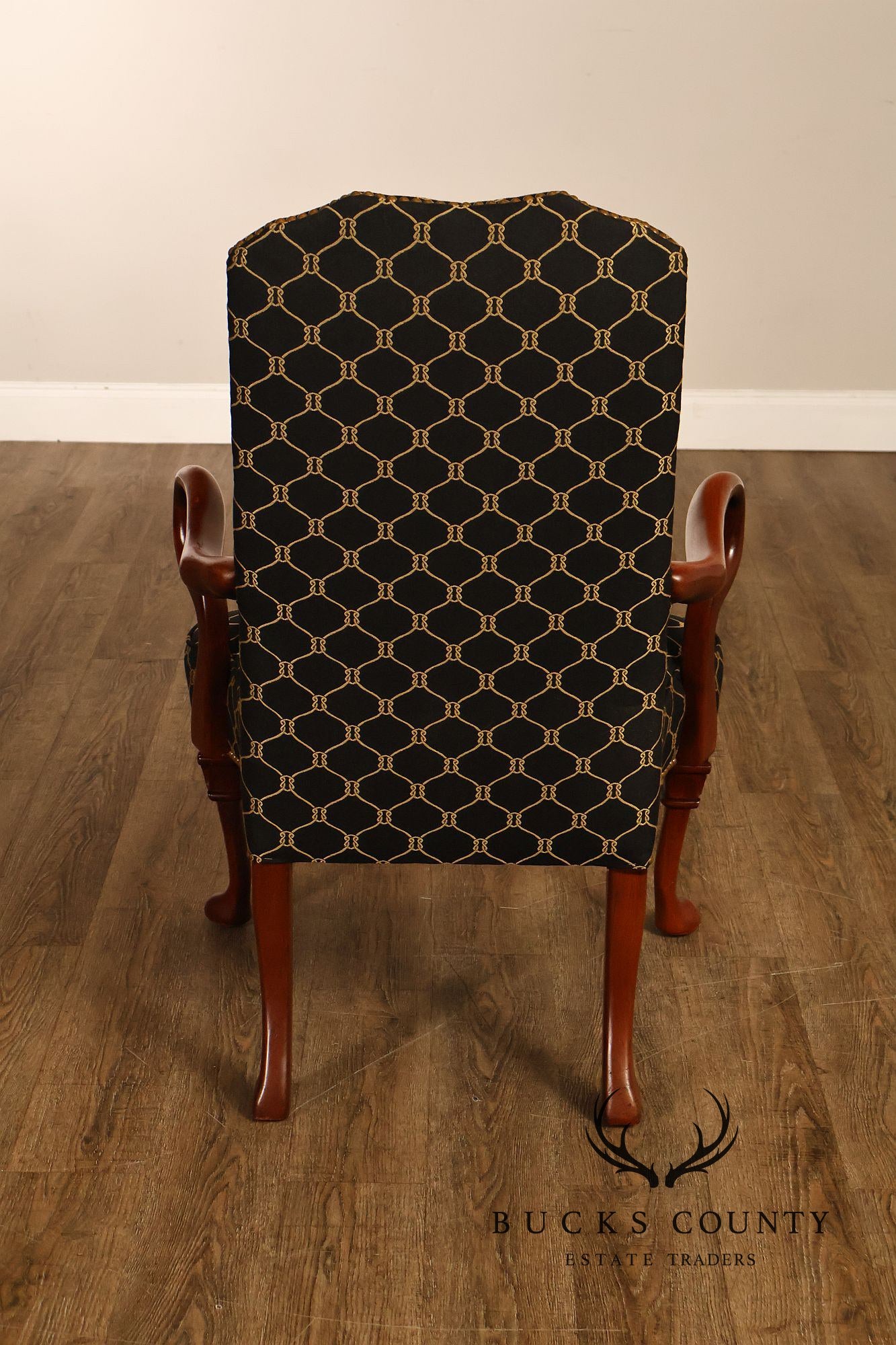 Queen Anne Style Pair Of Tall Back Upholstered Armchairs