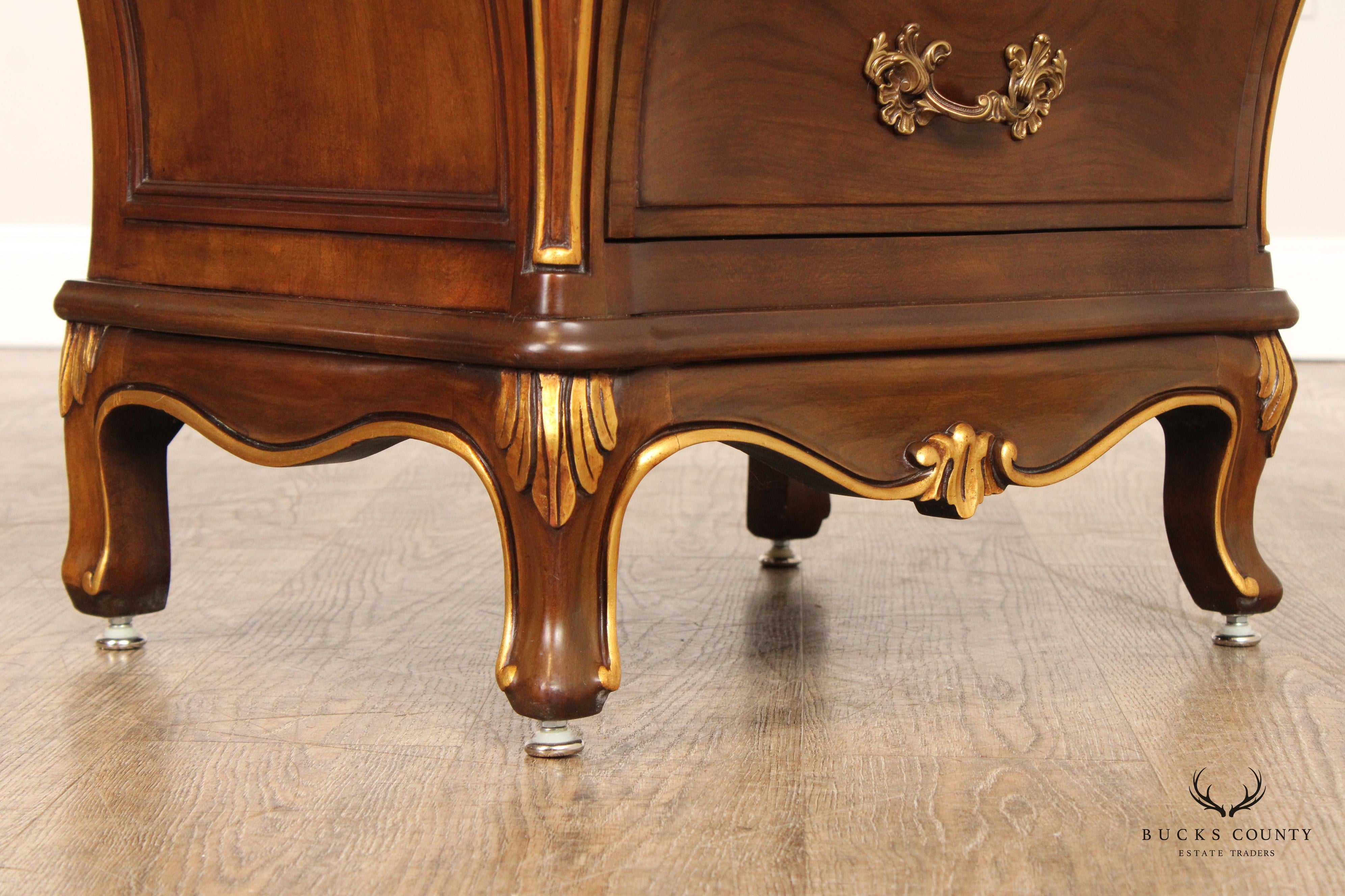 Karges French Louis XV Style Pair of Walnut Bombe Chest Nightstands