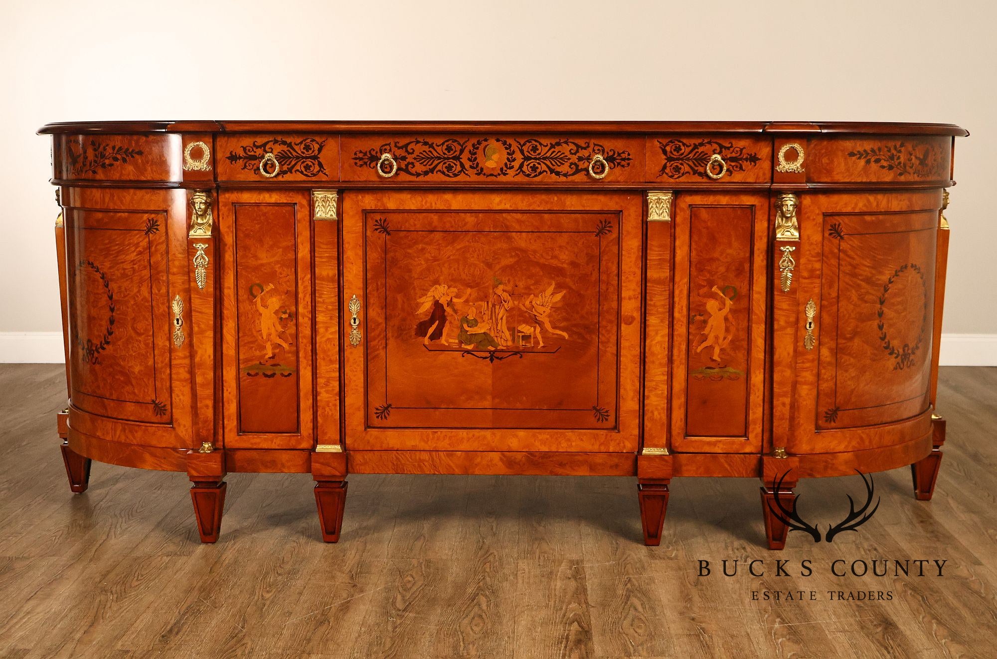 Rho Mobili D'Epoca Neoclassical Burl Wood Marquetry Inlaid Sideboard