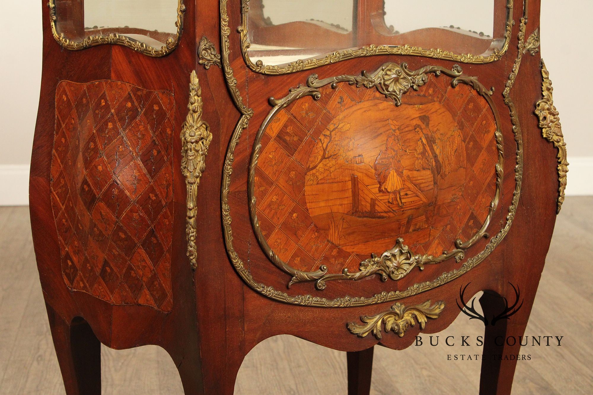 French Louis XV Style Inlaid and Bronze Ormolu Vitrine Cabinet