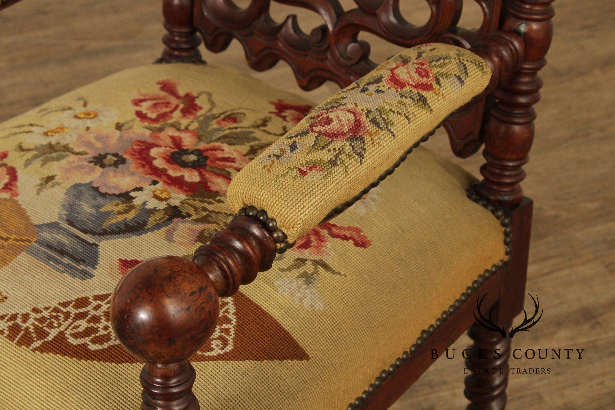 Antique American Gothic Revival Carved Walnut Throne Chair