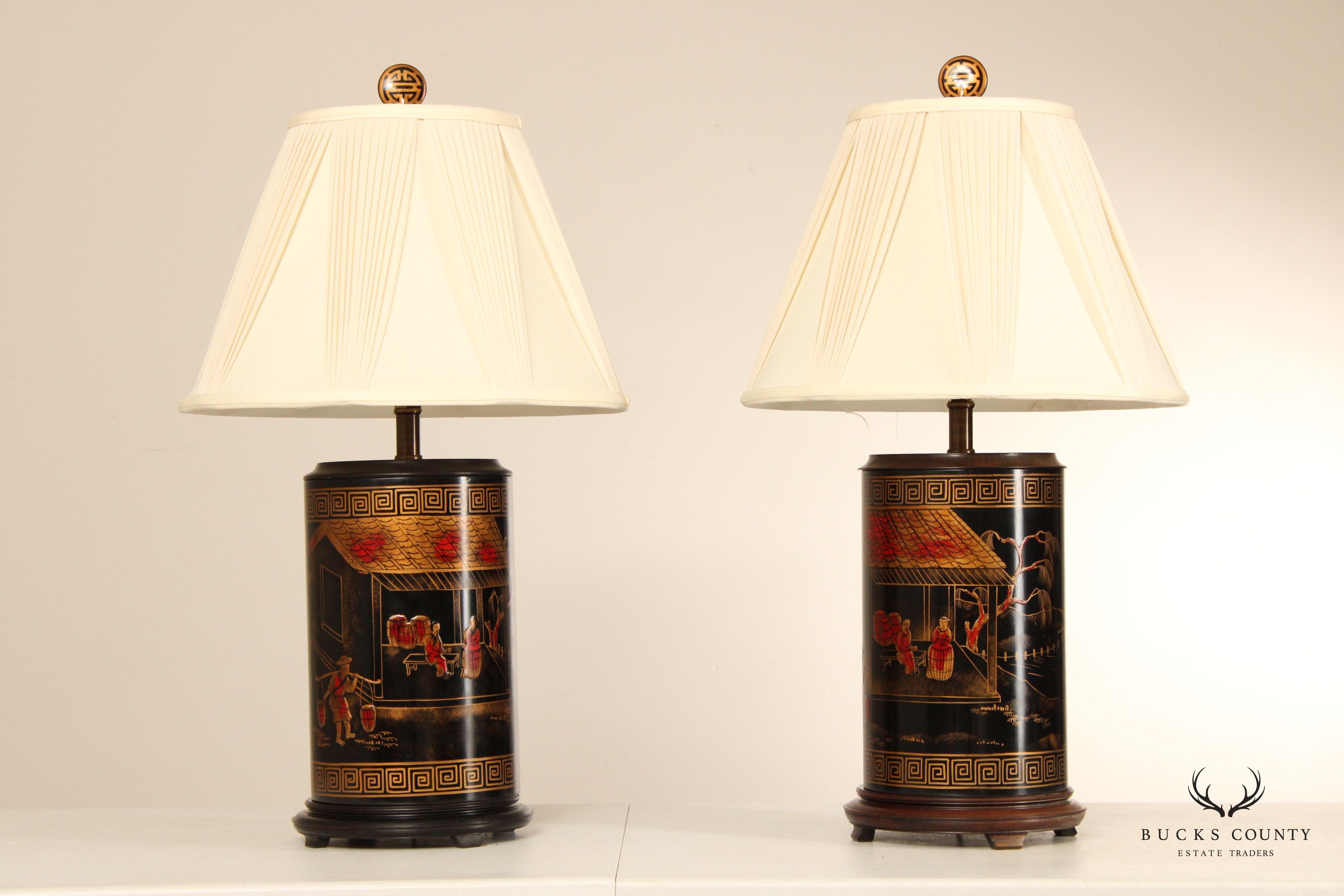 Maitland Smith Chinoiserie Painted Pair of Tea Caddy Table Lamps