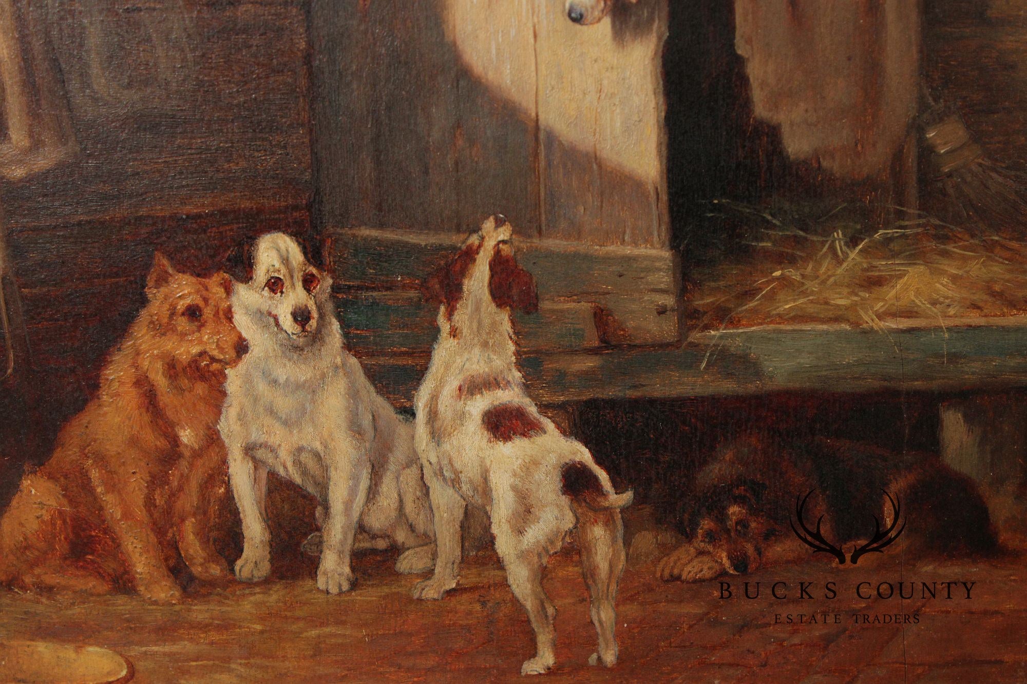 English School Painting on Board, Farm Dogs