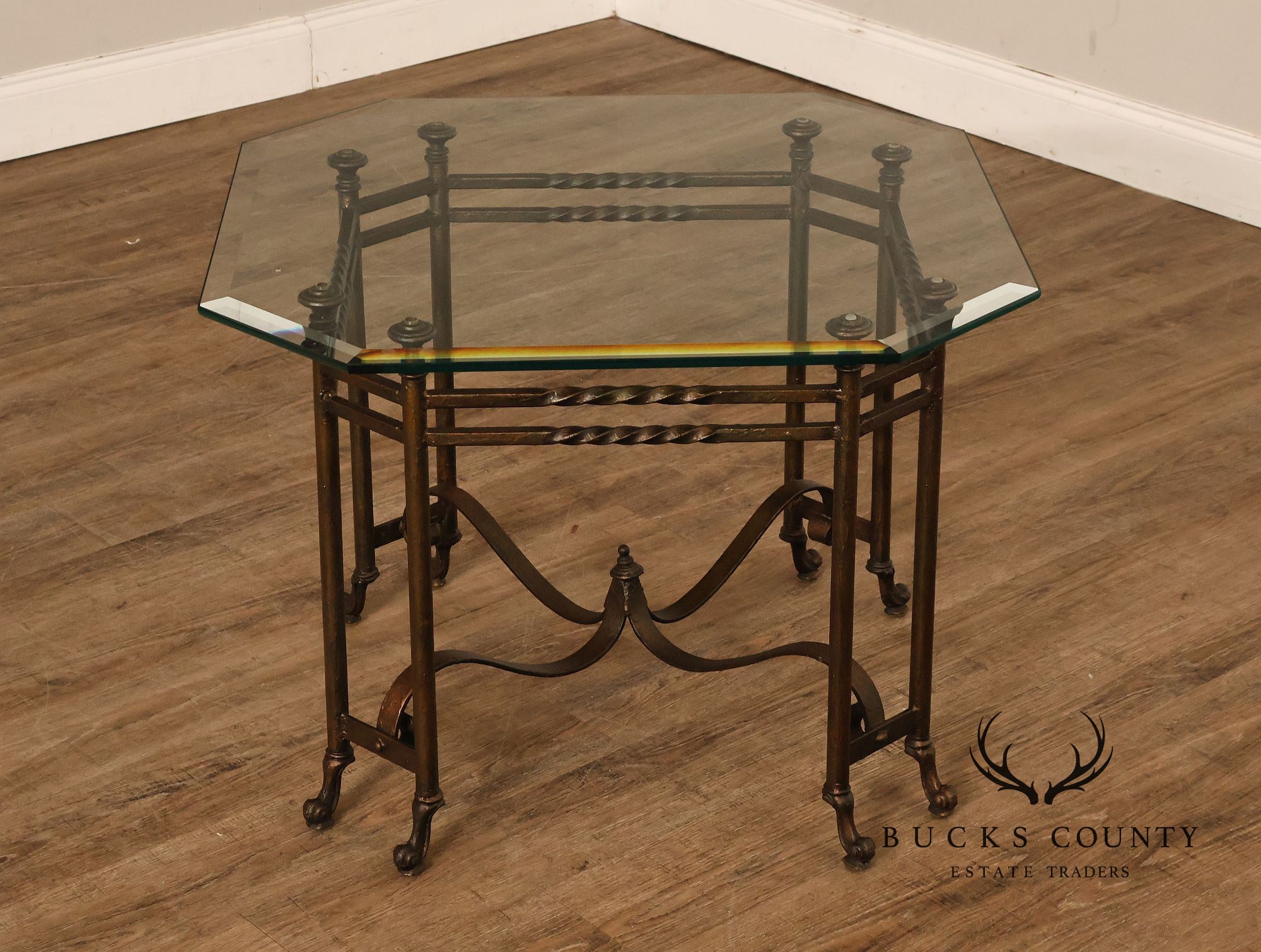 Vintage Hollywood Regency Wrought Iron Glass Top Occasional Table