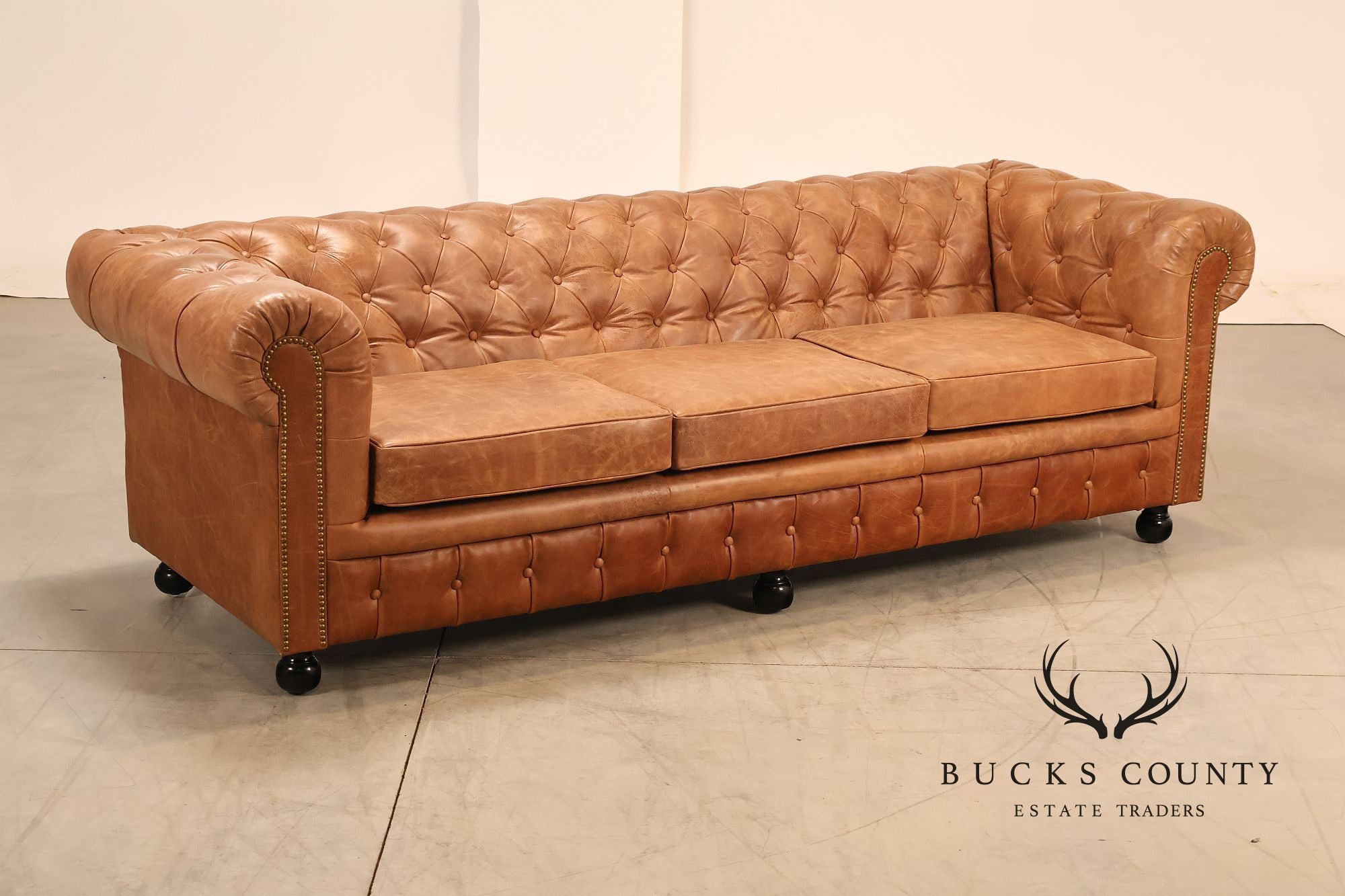 Chesterfield Style 8 Foot Distressed Brown Tufted Leather Sofa