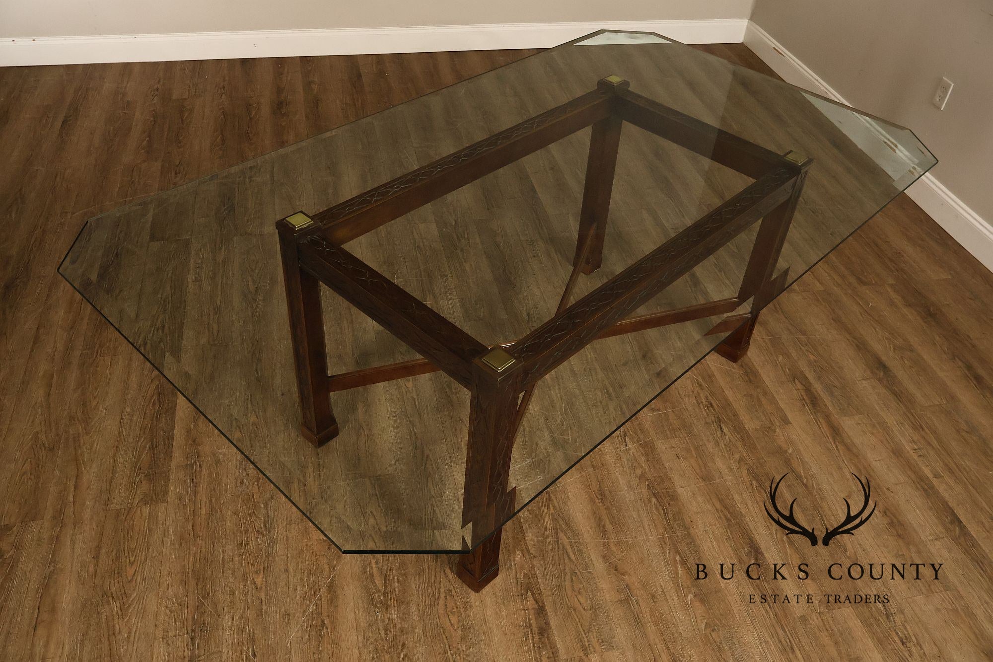 Chinese Chippendale Style Glass Top Mahogany Dining Table