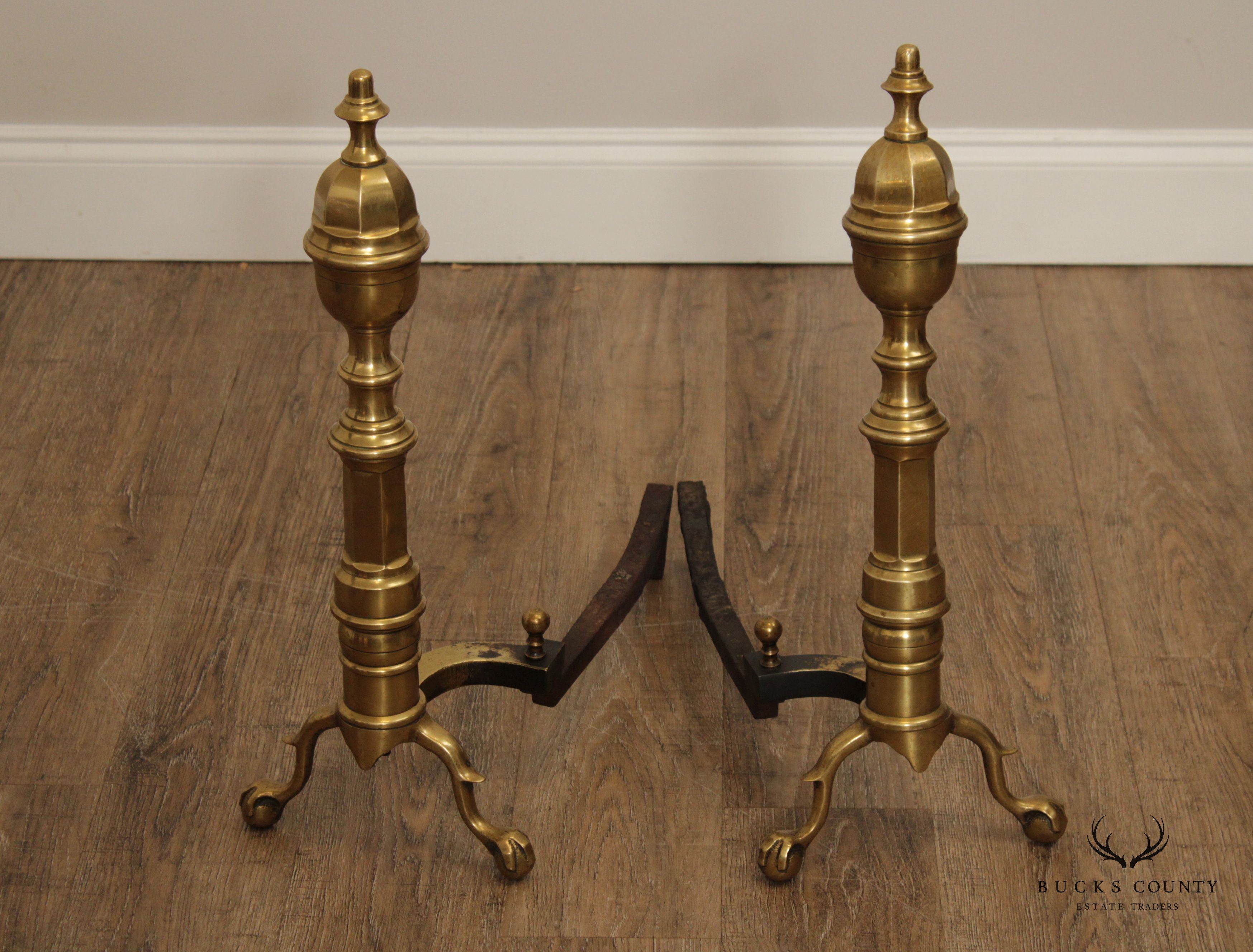 CHIPPENDALE STYLE QUALITY PAIR OF BRASS FIREPLACE ANDIRONS