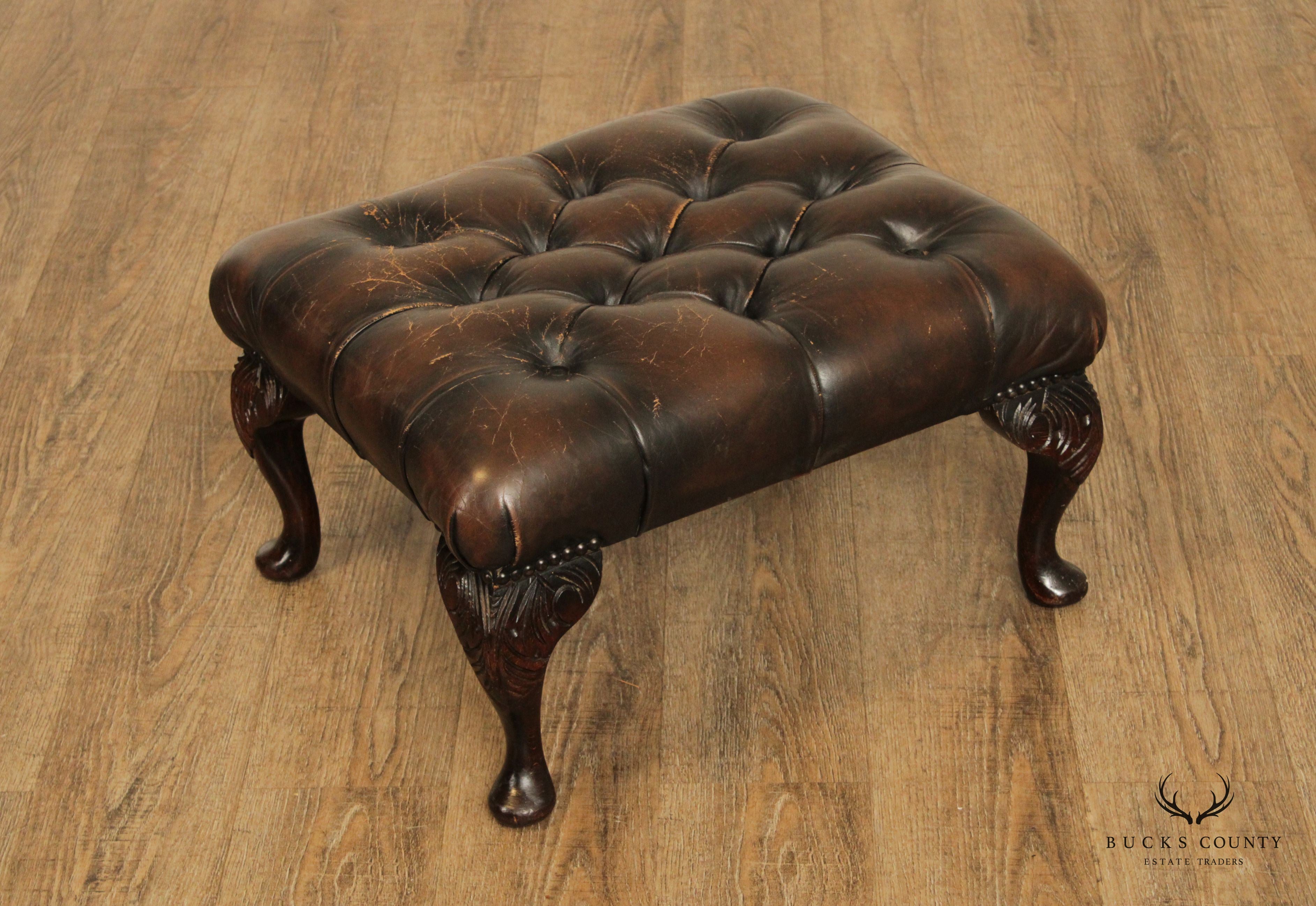 Georgian Style Vintage Tufted Leather Foot Stool