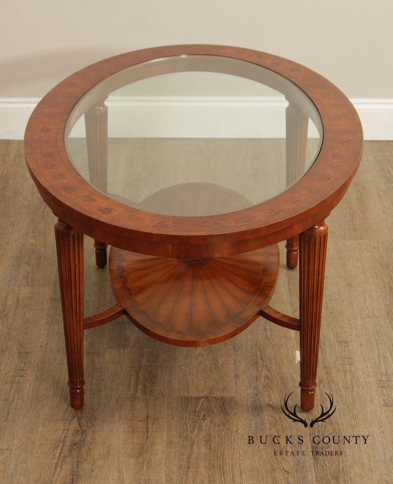 Maitland Smith Glass Top Oval Marquetry Inlaid Coffee Table