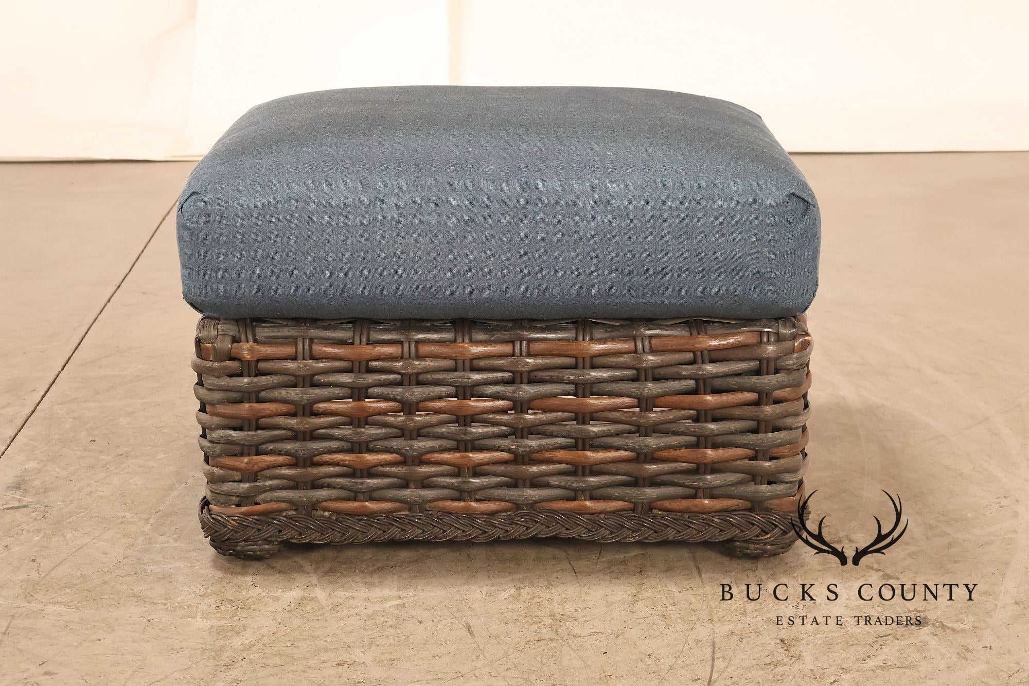 Lane Venture WeatherMaster Pair Of Woven Wicker Outdoor Ottomans With Blue Cushions