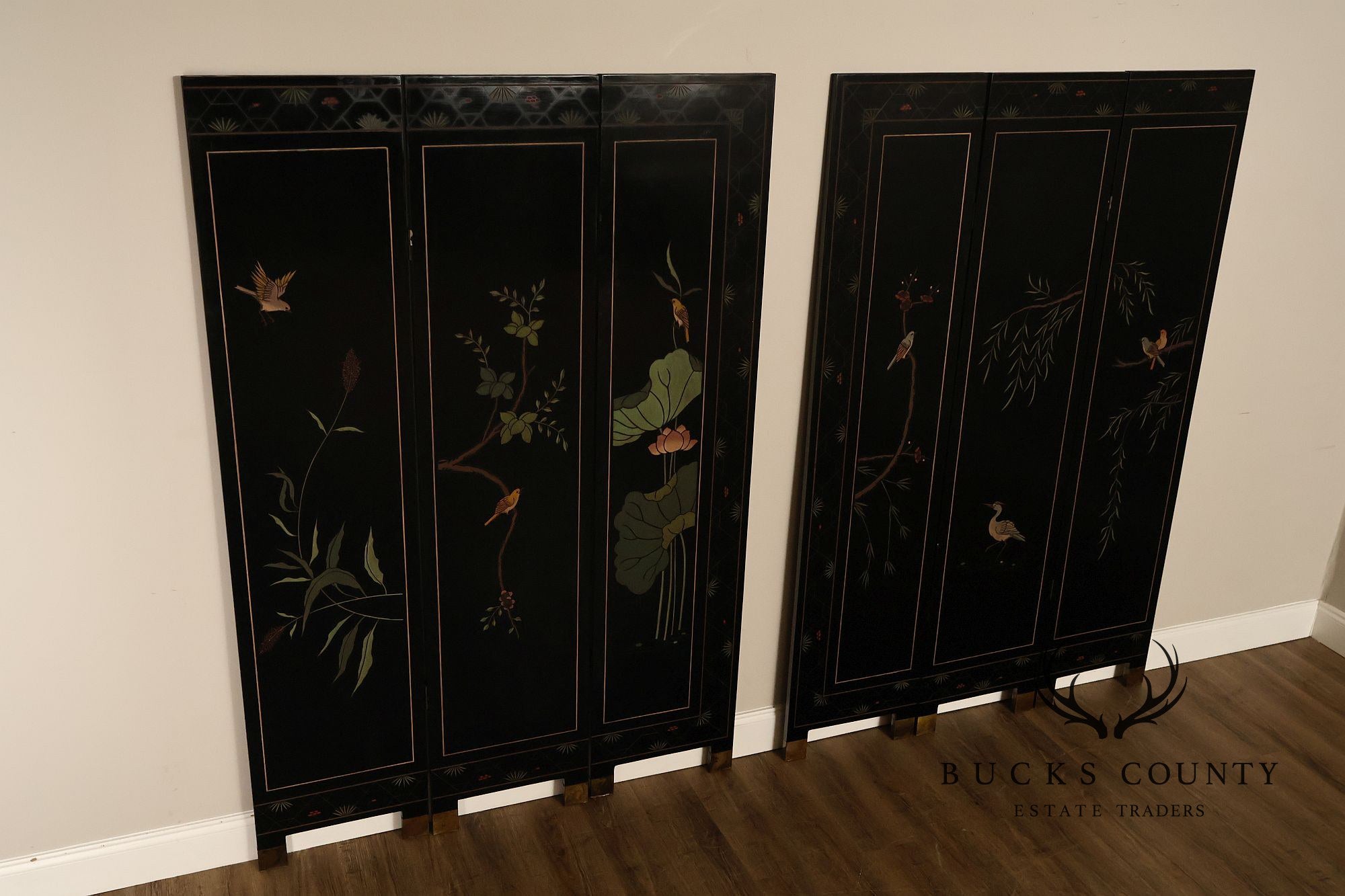 Asian Style Black Vintage Lacquer Six Panel Folding Screen