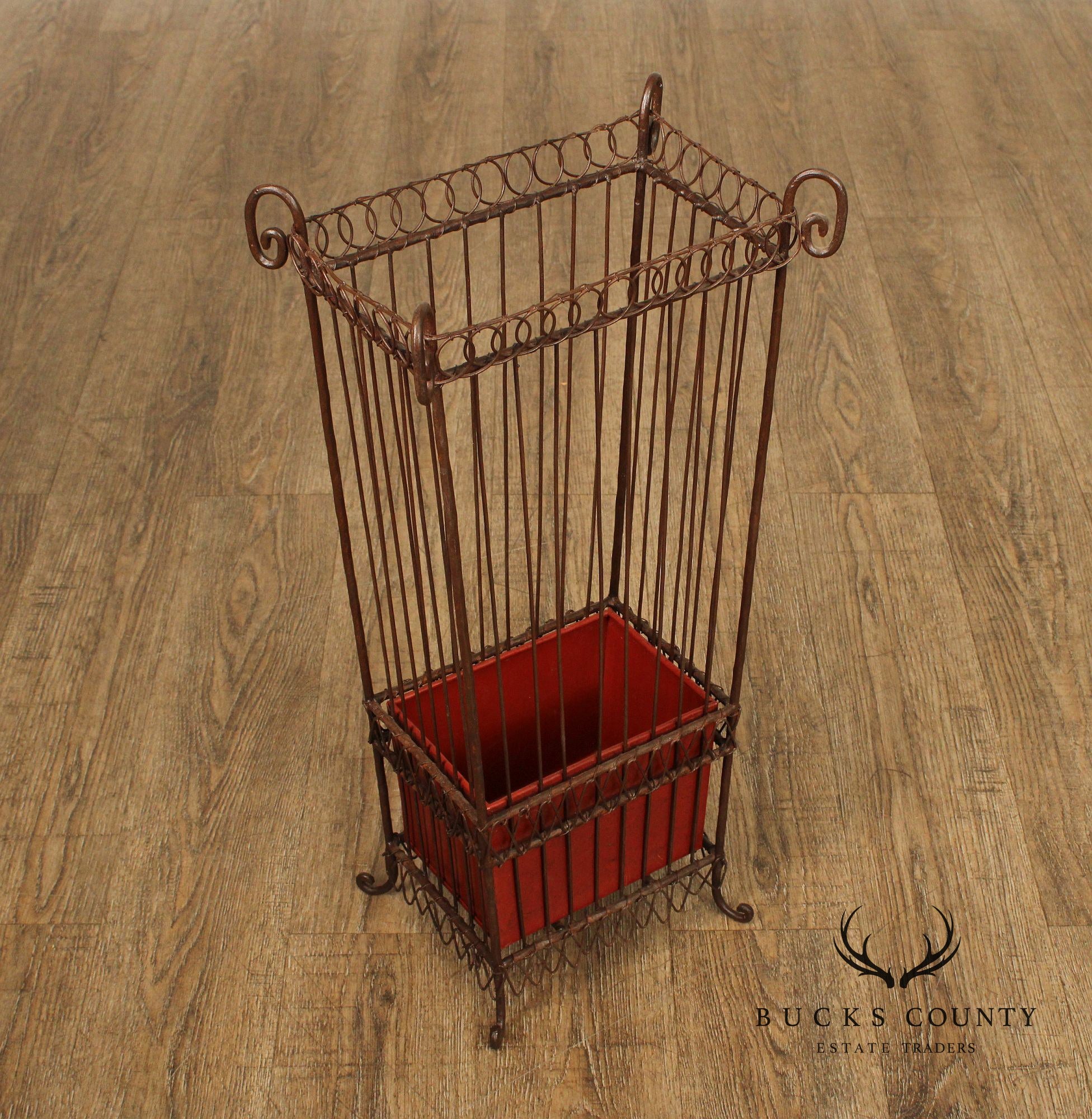 Vintage Wrought Iron Umbrella Stand with Red Liner