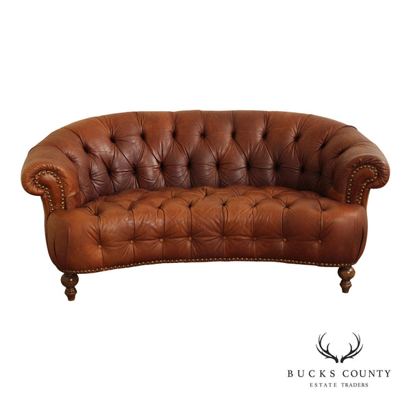 English Traditional Tufted Leather Curved Chesterfield Sofa