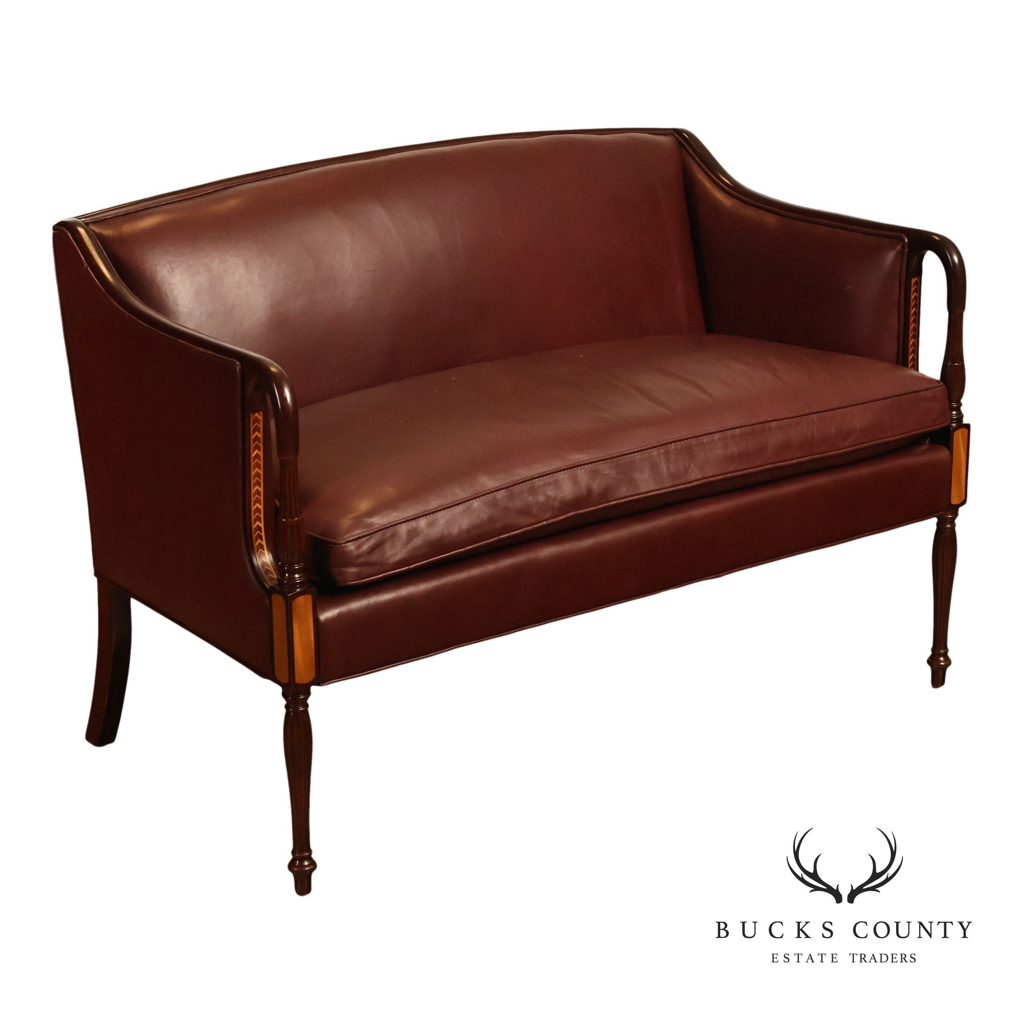 Hancock & Moore Sheraton Style Inlaid Mahogany Leather Settee