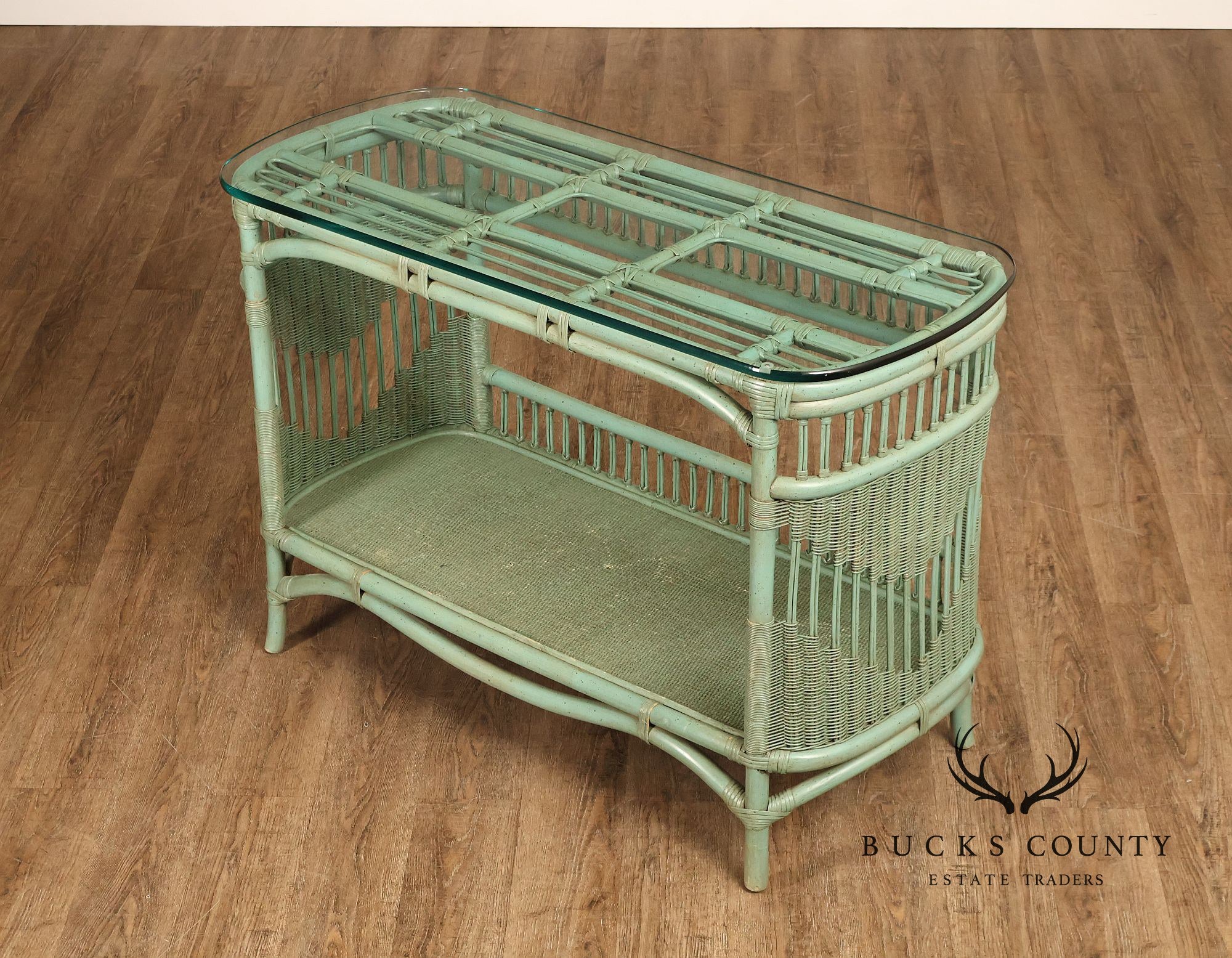 Boho Chic Glass Top Painted Rattan Glass Top Console Table