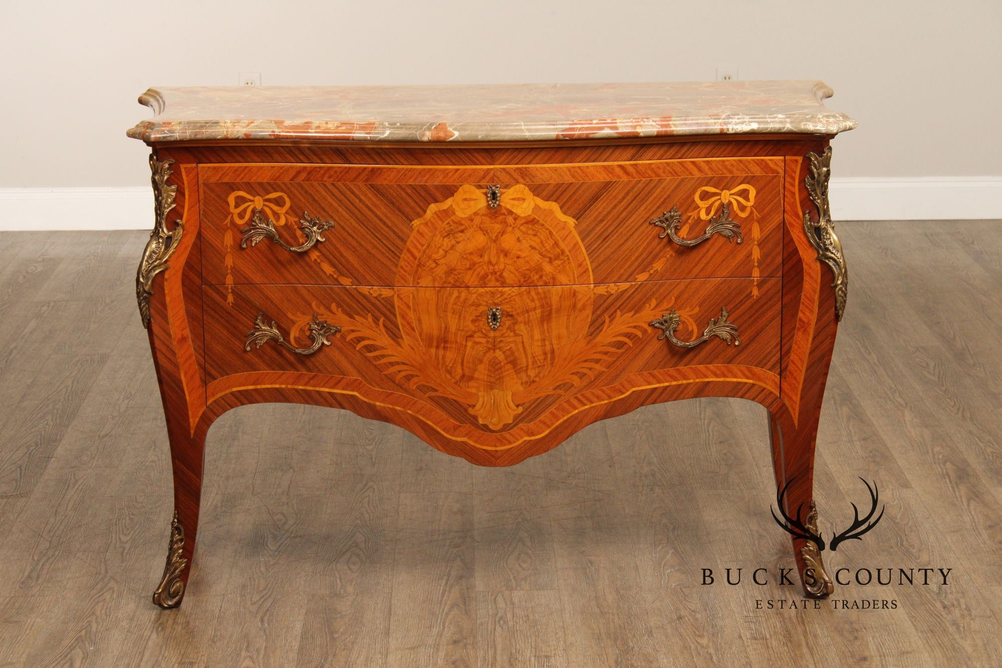Louis XV Style Pair Of Marquetry Inlaid Marble Top Bombe Commodes