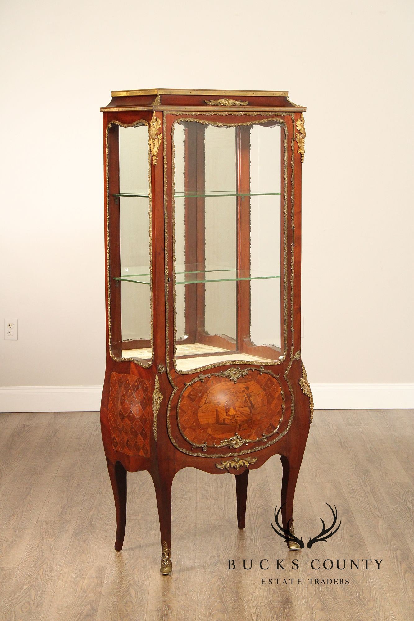 French Louis XV Style Inlaid and Bronze Ormolu Vitrine Cabinet