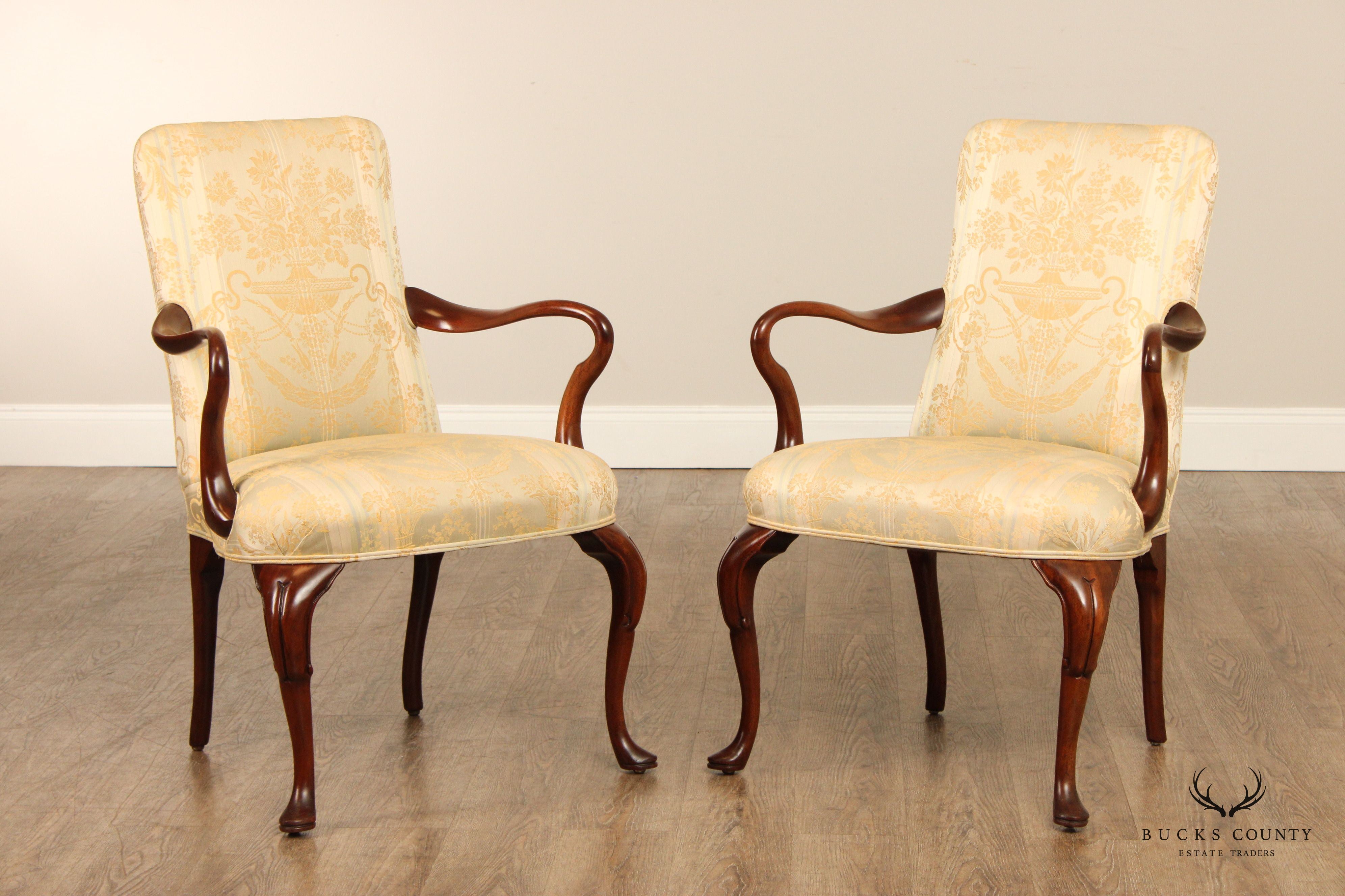 Queen Anne Style Vintage Pair of Mahogany Armchairs