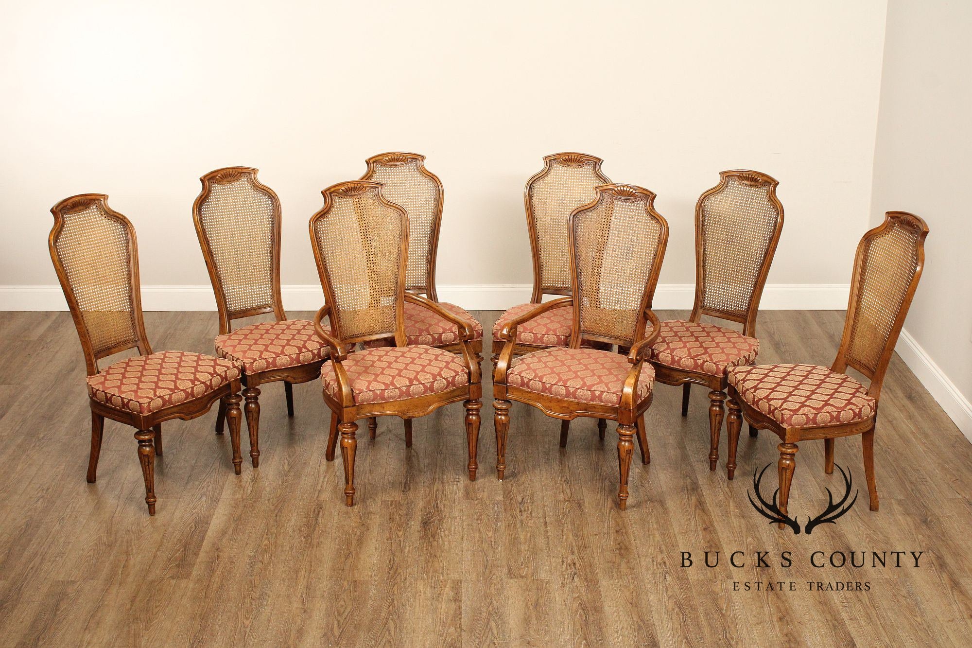 Italian Provincial Style Set of Eight Walnut Cane Back Dining Chairs