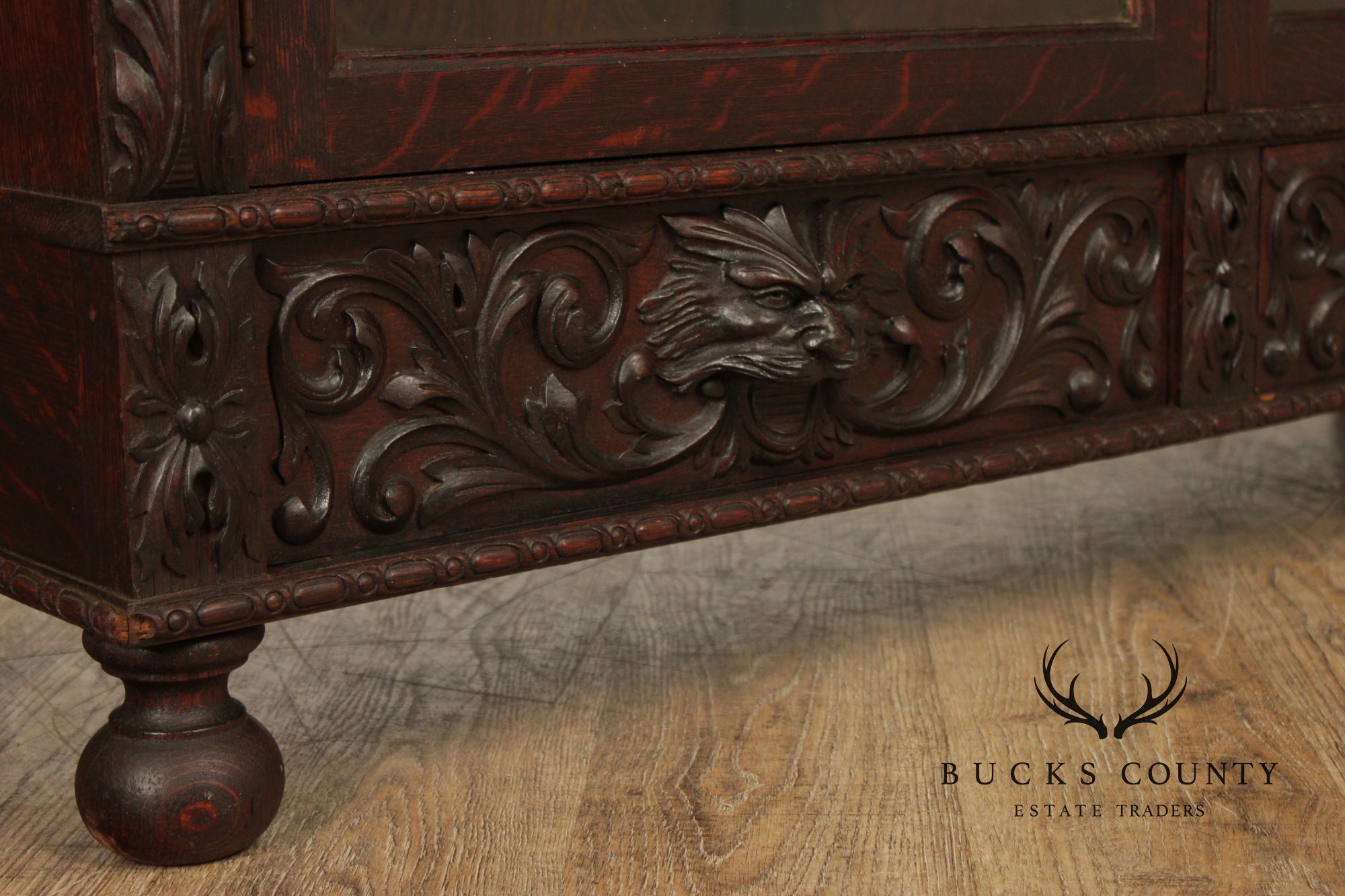 Antique Renaissance Revival Carved Oak Glass Door Bookcase