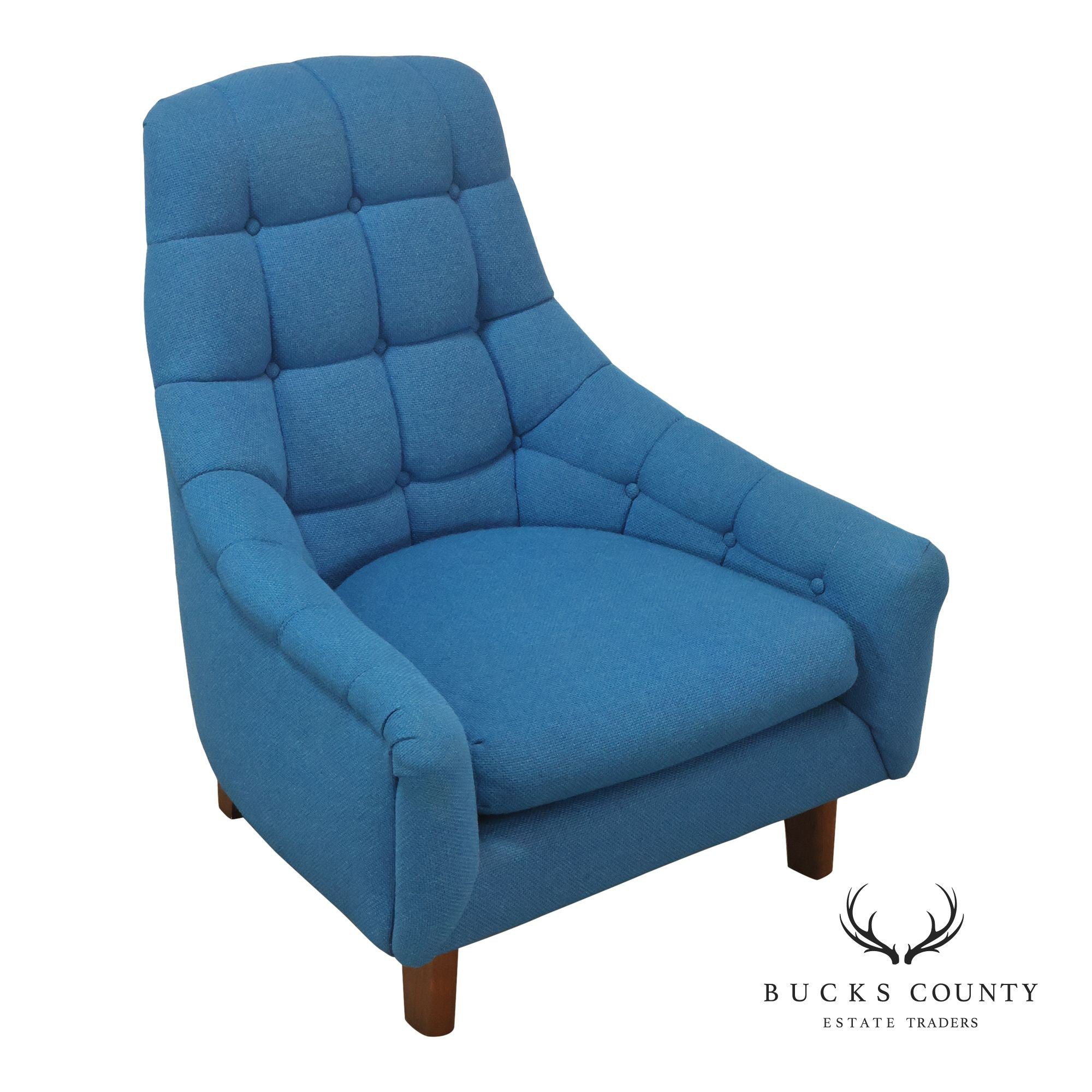Vintage Schnadig Mid Century Modern Blue Upholstered Tufted Lounge Chair