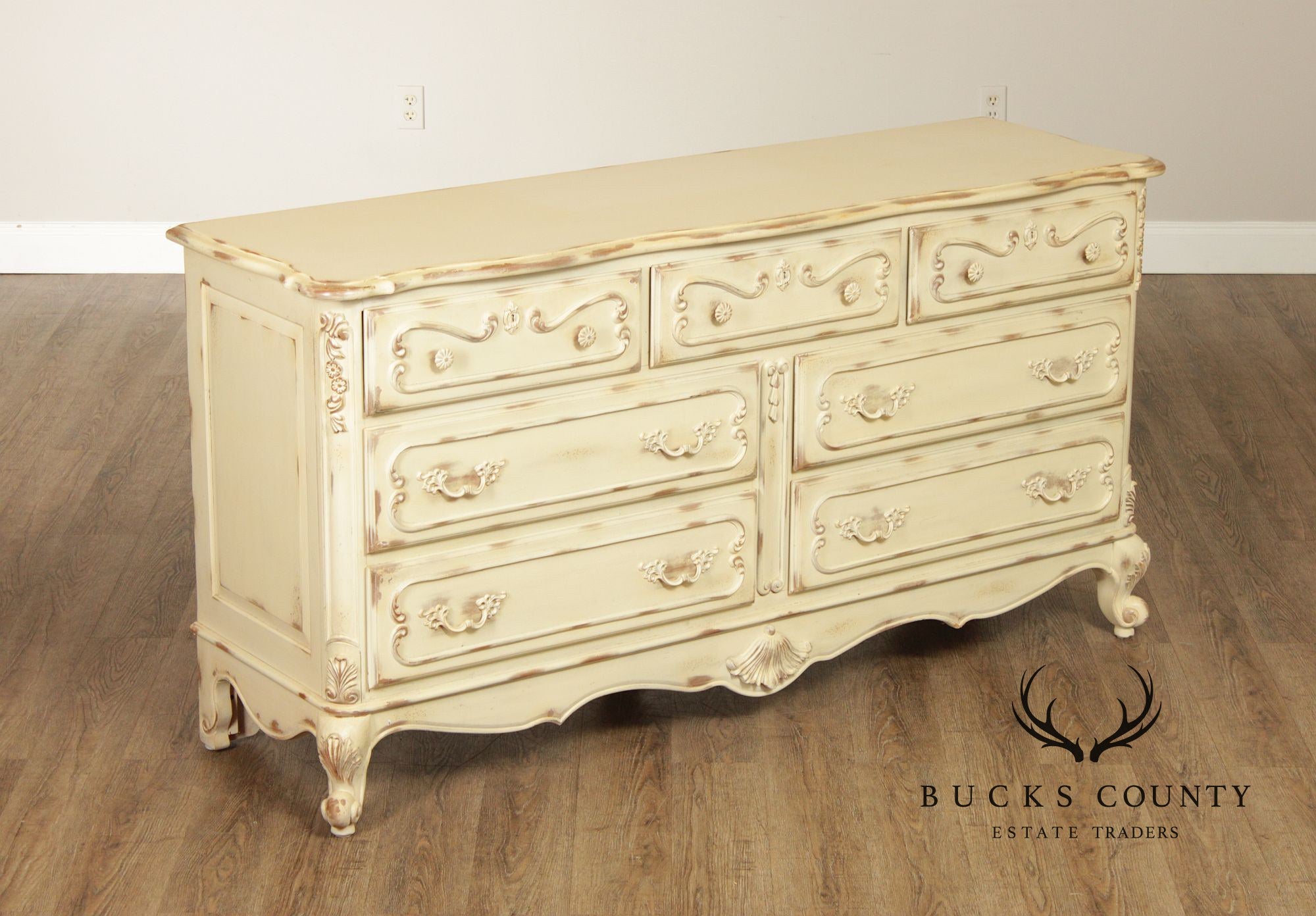 Lane French Provincial Style Distressed Cream Seven Drawer Dresser
