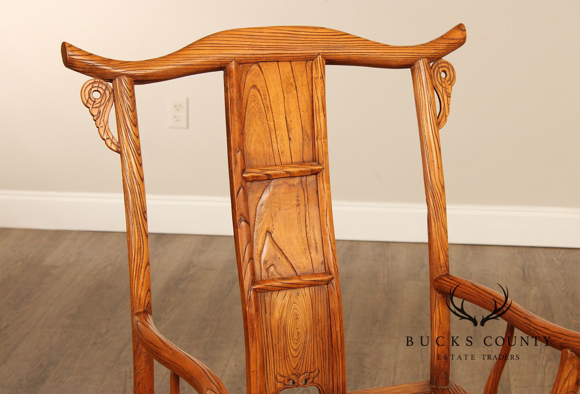 Asian Vintage Pair of Elm Yoke Back Armchairs