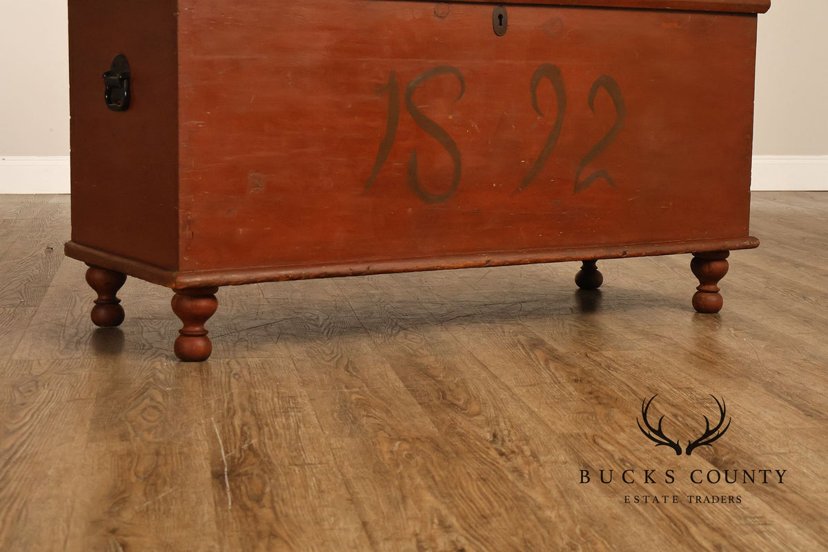 Antique Primitive Pine Painted Blanket Chest On Turned Feet