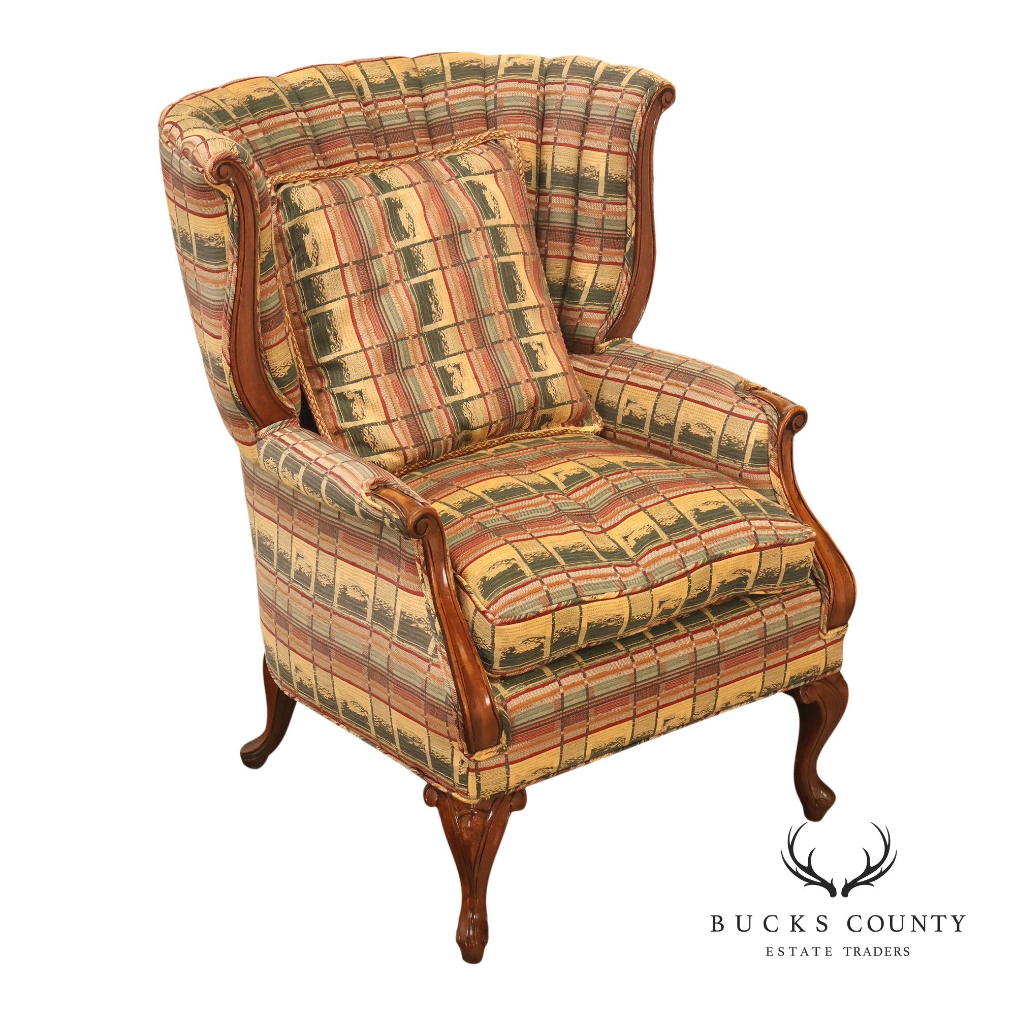 Vintage Channel Back Carved Frame Wingback Armchair