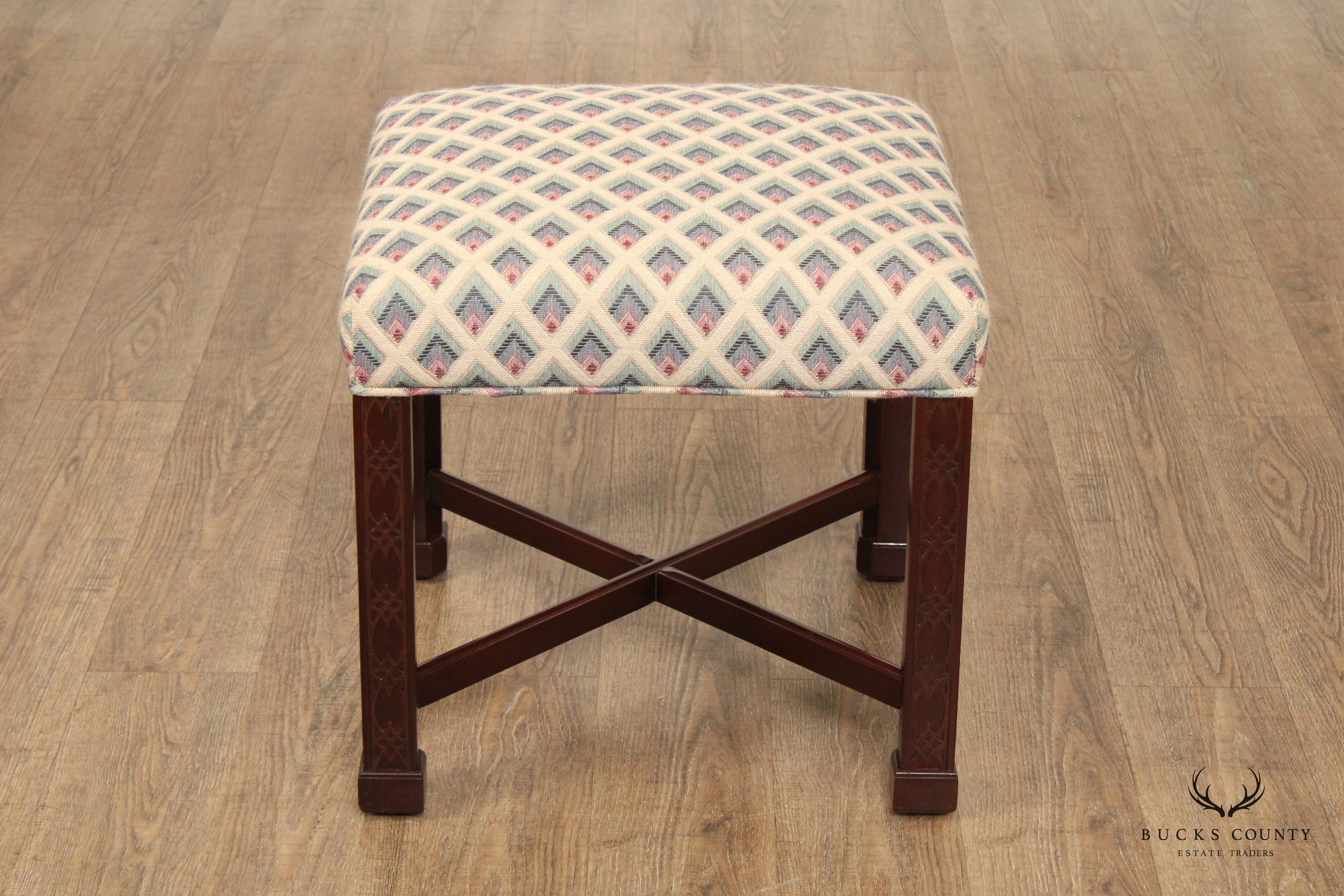 Sherrill Chinese Chippendale Style Pair of Carved Mahogany Stools