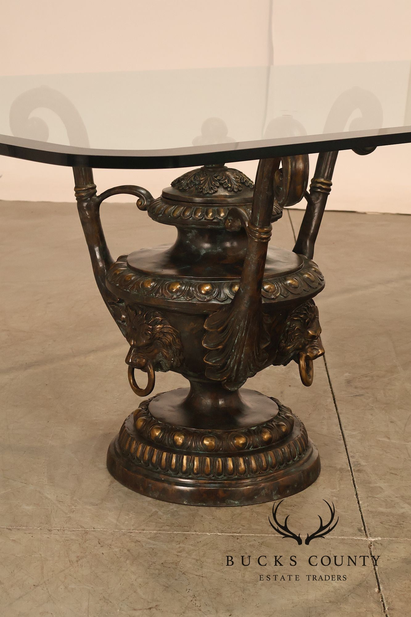 Monumental Brass Urn Form  Double Pedestal Glass Top Dining Table