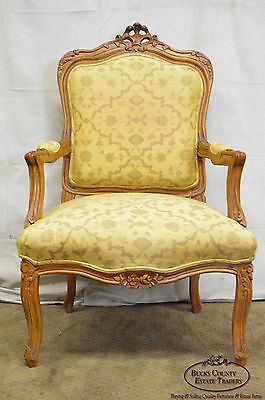 Quality Pair of Custom Upholstered Solid Walnut Louis XV Style Arm Chairs