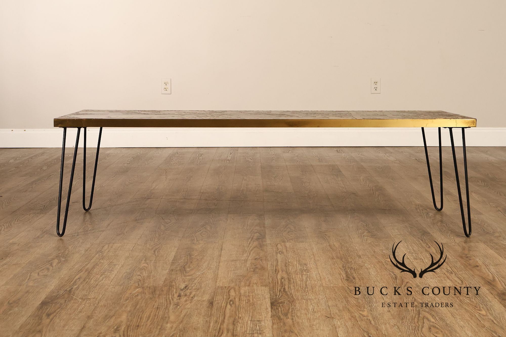 Mid Century Modern Acid Etched Brass Top Coffee Table With Hairpin Legs
