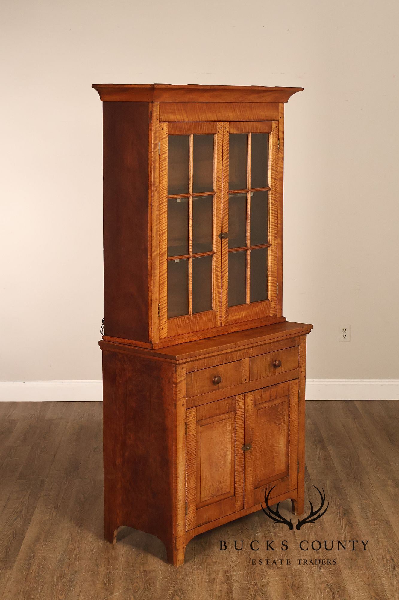 Bench Made Tiger Maple And Cherry Two Piece Stepback Hutch Cabinet