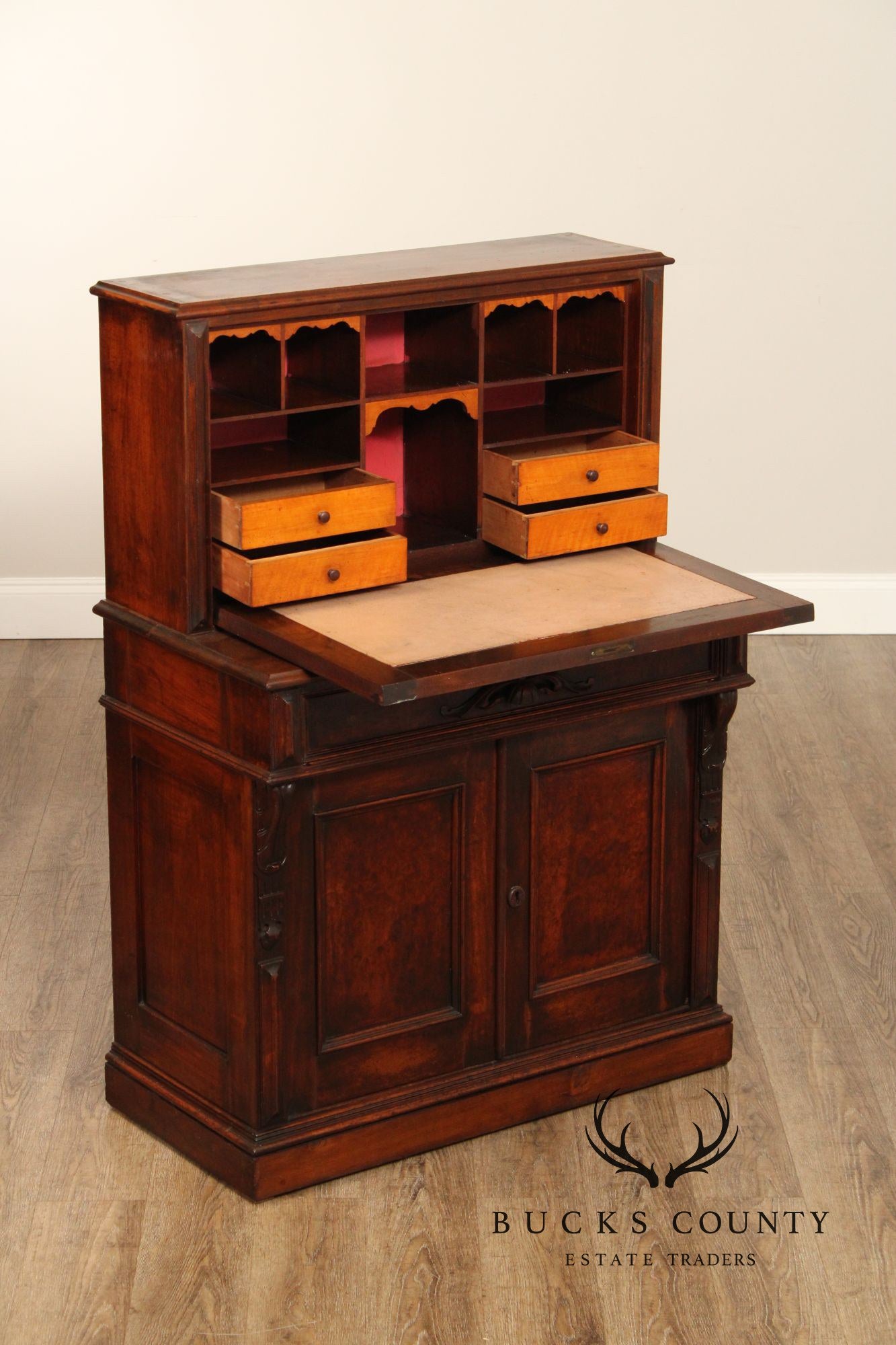 Antique Renaissance Revival Carved Walnut Drop-Front Desk
