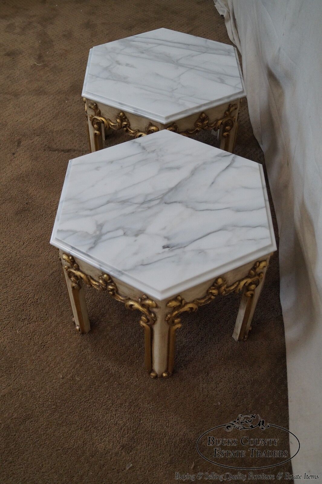 Quality Pair of Hollywood Regency Partial Gilt Hexagon Marble Top Side Tables