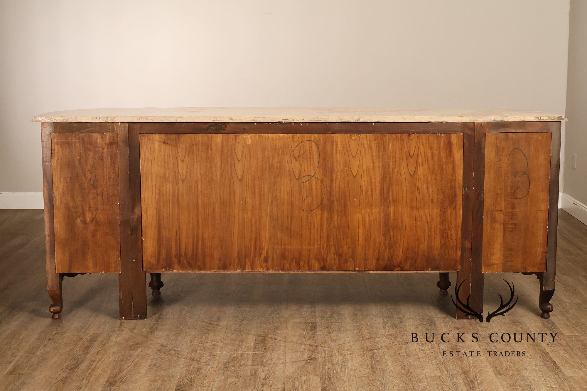 French Louis XV Style 106" Long Marble Top Walnut Sideboard