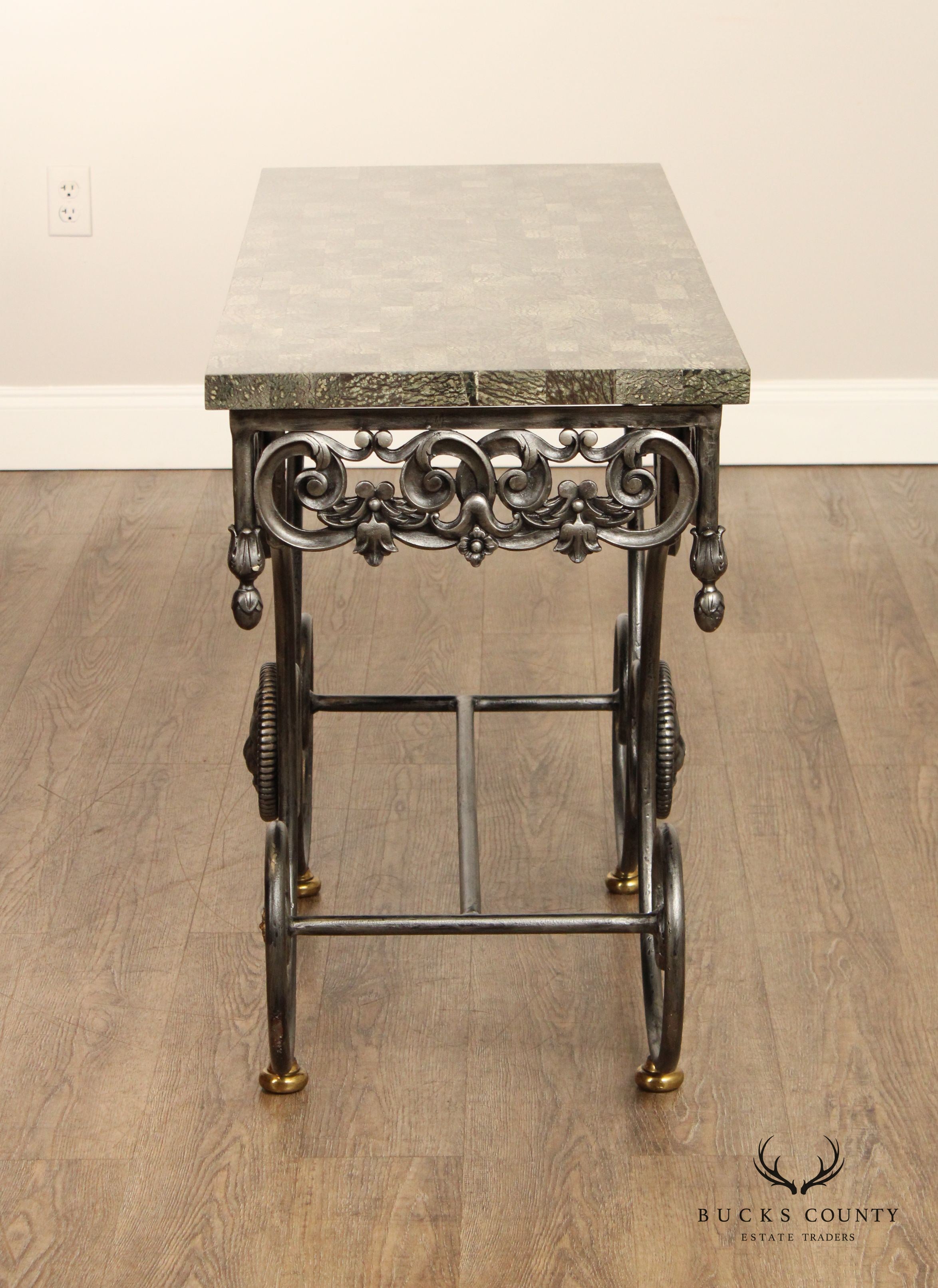 Maitland Smith Italian Regency Style Wrought Iron Stone Top Console Table