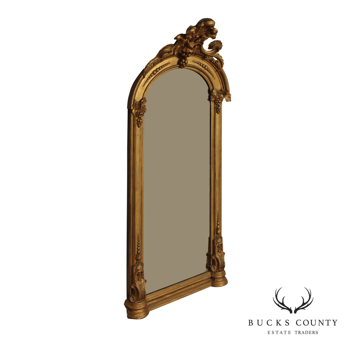 Antique Victorian Giltwood Arched Floor Mirror With Ornate Carved Crest