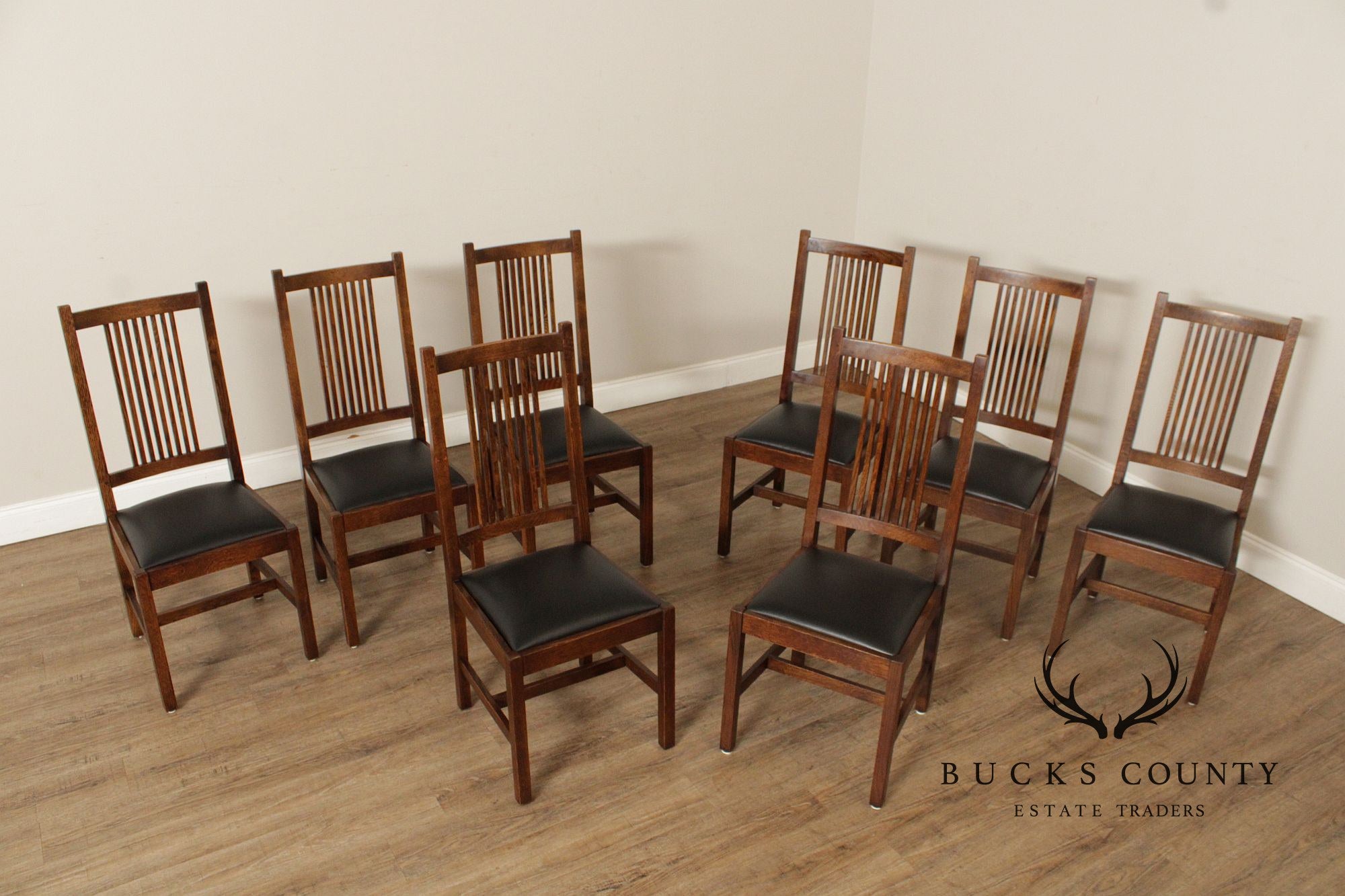 Stickley Mission Collection Set Of Eight Oak Spindle Back Dining Chairs