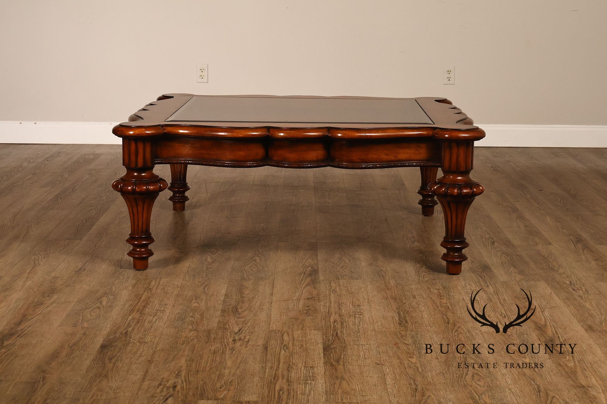 Mediterranean Style Carved Wood And Glass Square Coffee Table