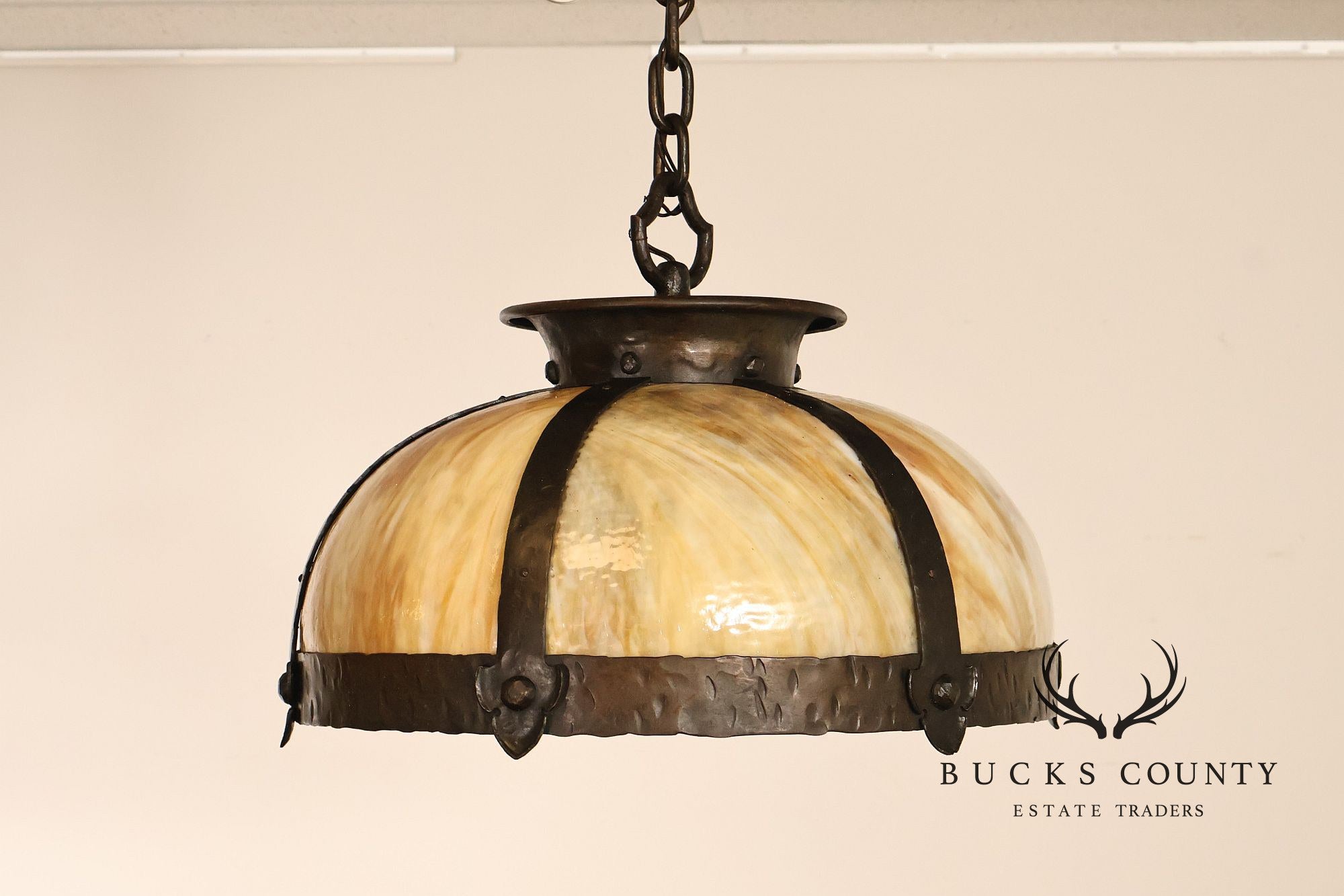 Antique Arts & Crafts Style Slag Glass Dome Pendant Chandelier