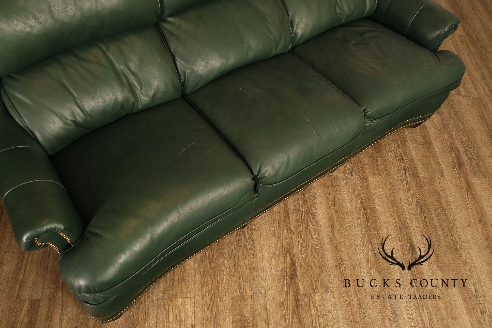 Hancock & Moore Green Leather Nailhead Trim Sofa