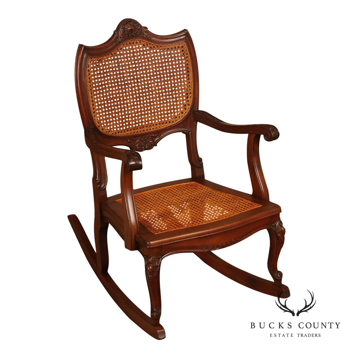 Antique Victorian Shell Carved Mahogany Caned Rocking Chair