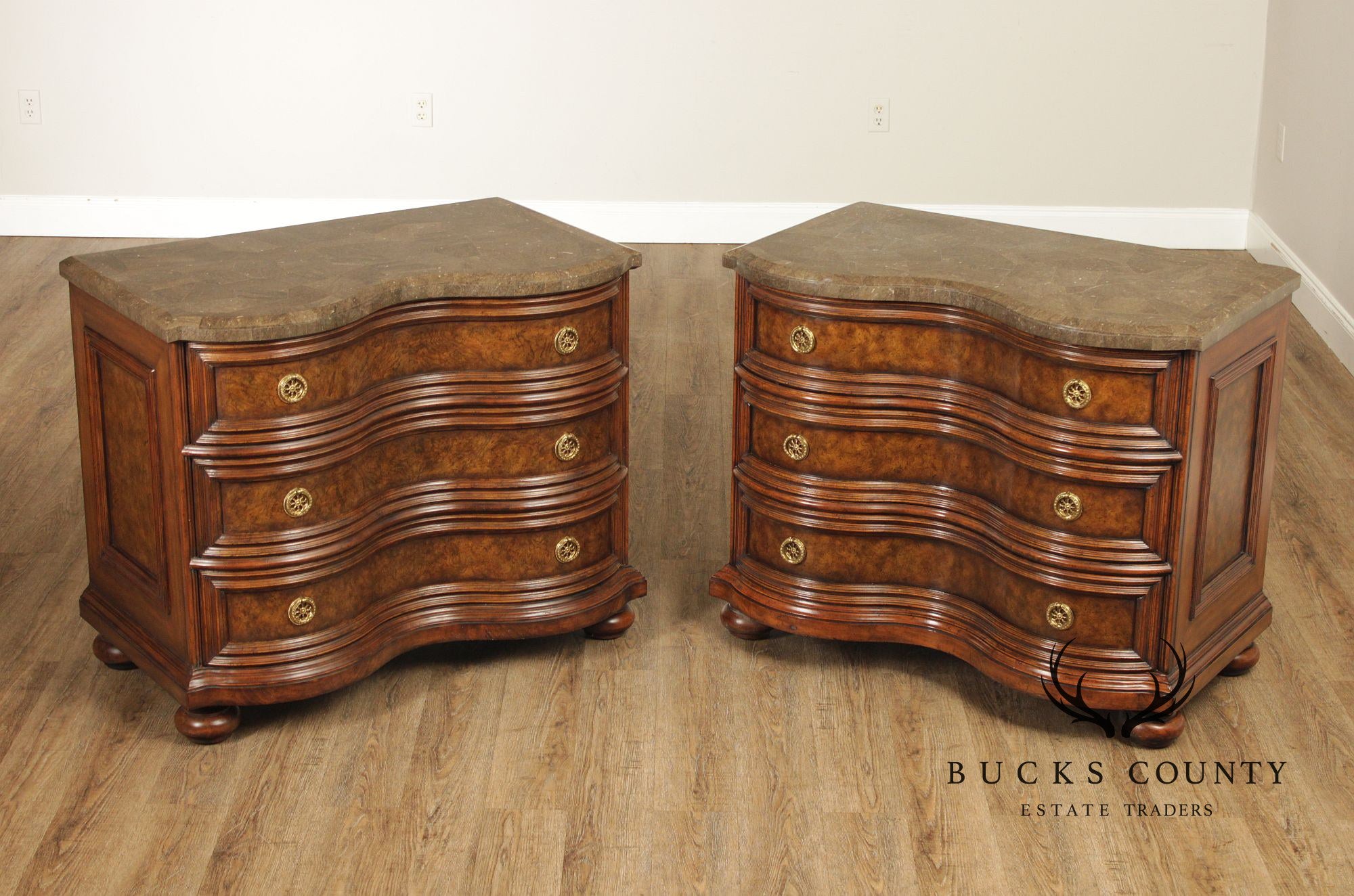 Maitland-Smith Pair of Baroque Style Tessellated Marble  Top Burlwood Chests