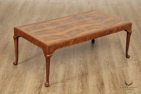 Baker Furniture Queen Anne Style Burl Walnut Coffee Table