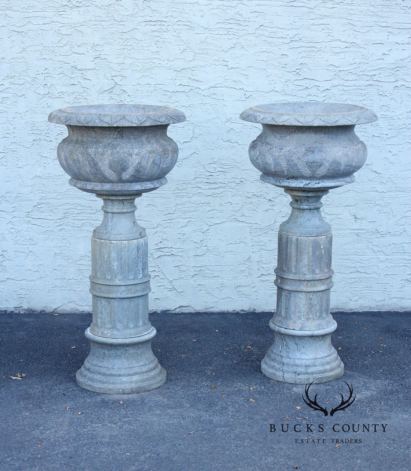 Vintage Pair Of Carved Granite Three Piece Garden Urns On Pedestals