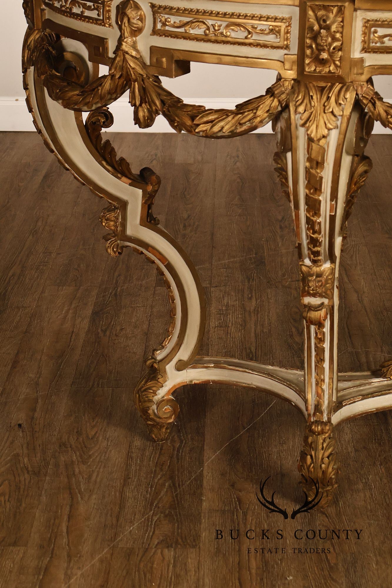 Louis XV Style Giltwood And Painted Demilune Marble Top Console Table