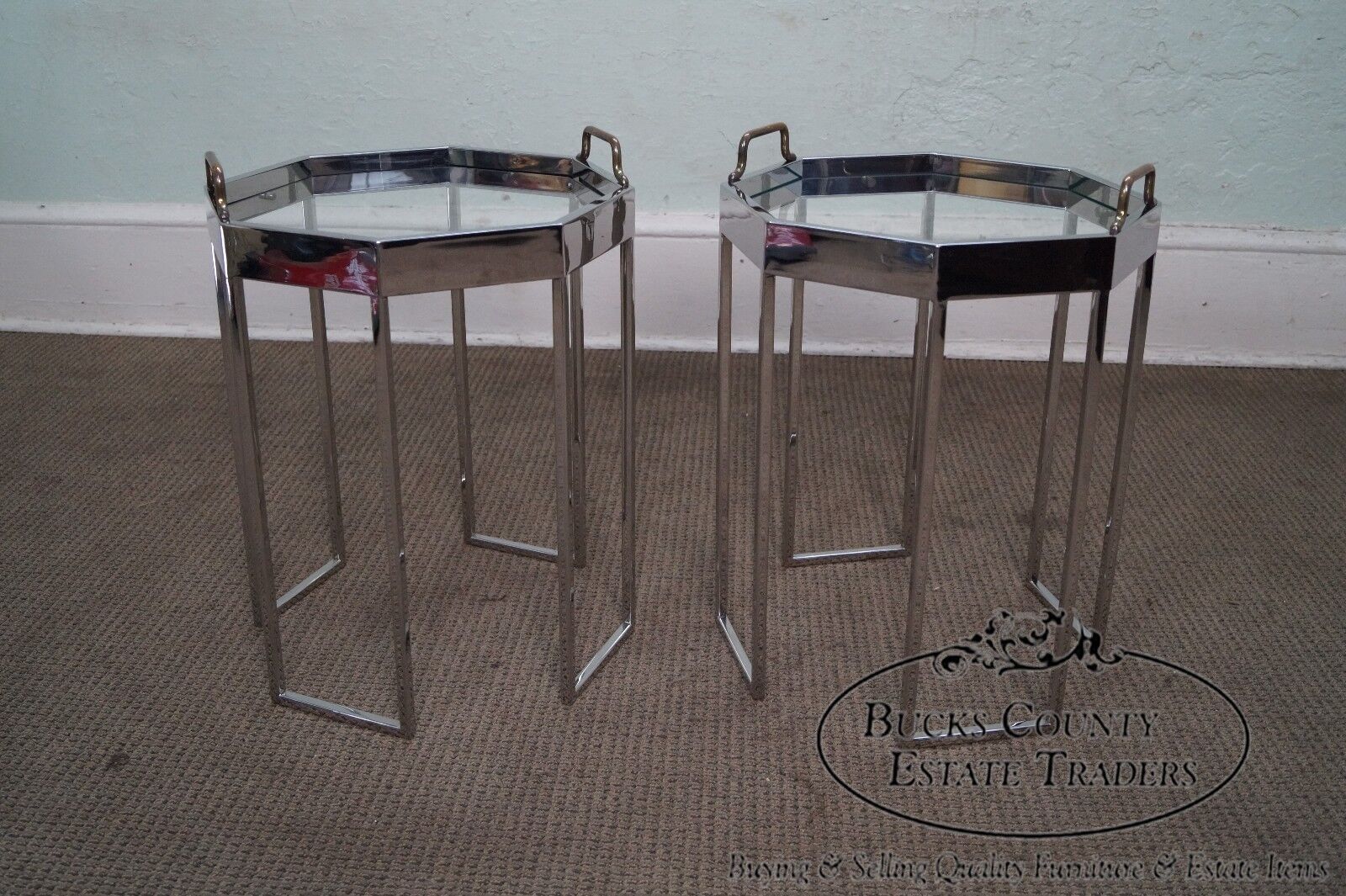 Quality Pair of Chrome & Glass Octagon Side Tables